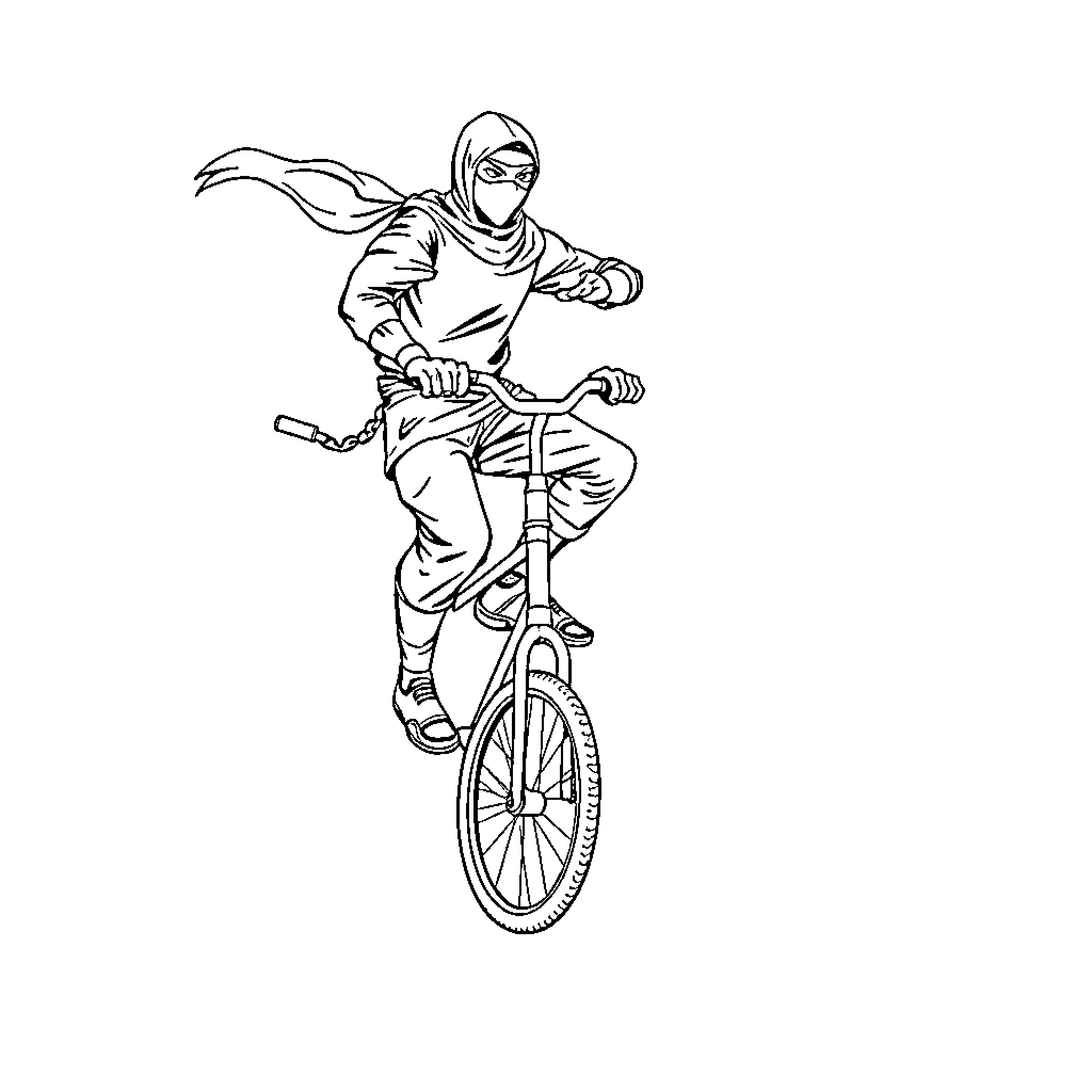 Ninja riding a unicycle with agility Coloring Page (free black-and-white line drawing printable PDF for all, from beginners to advanced learners, including children, teens, adults, and seniors)