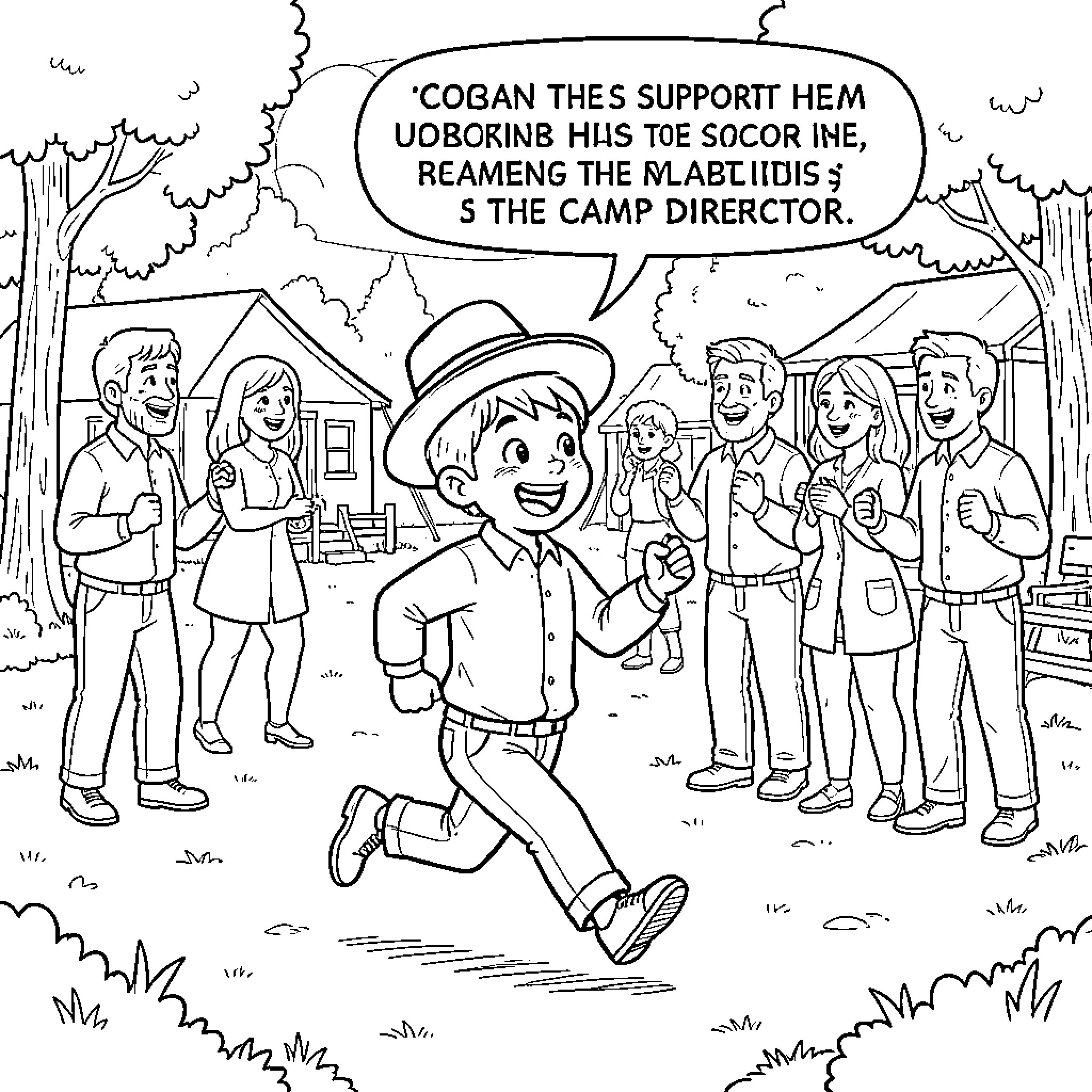 Chasidish Boy running happily among a group of friends Coloring Page (free black-and-white line drawing printable PDF for all, from beginners to advanced learners, including children, teens, adults, and seniors)