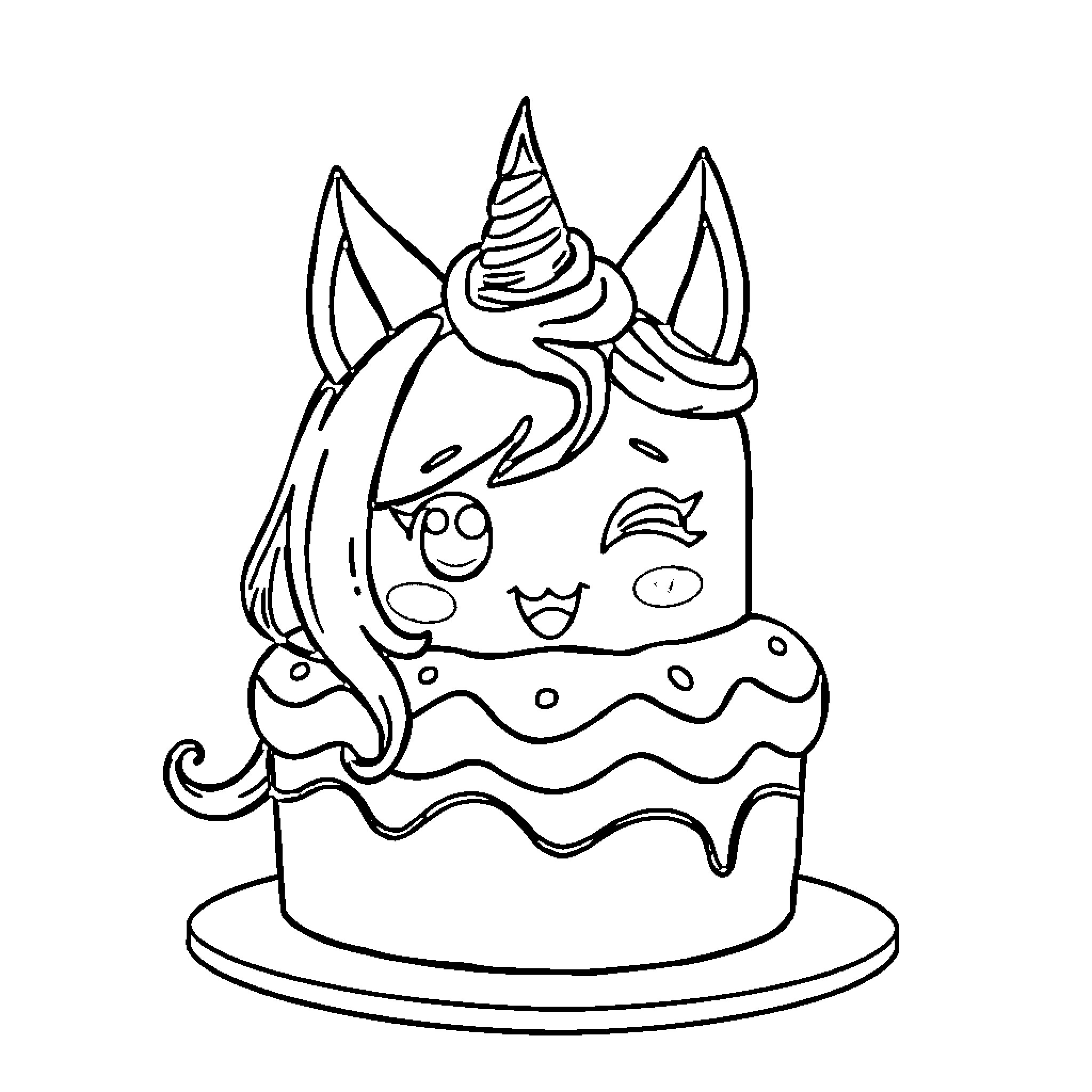 Kuromi's Magical Unicorn Cake Coloring Page (free black-and-white line drawing printable PDF for all, from beginners to advanced learners, including children, teens, adults, and seniors)