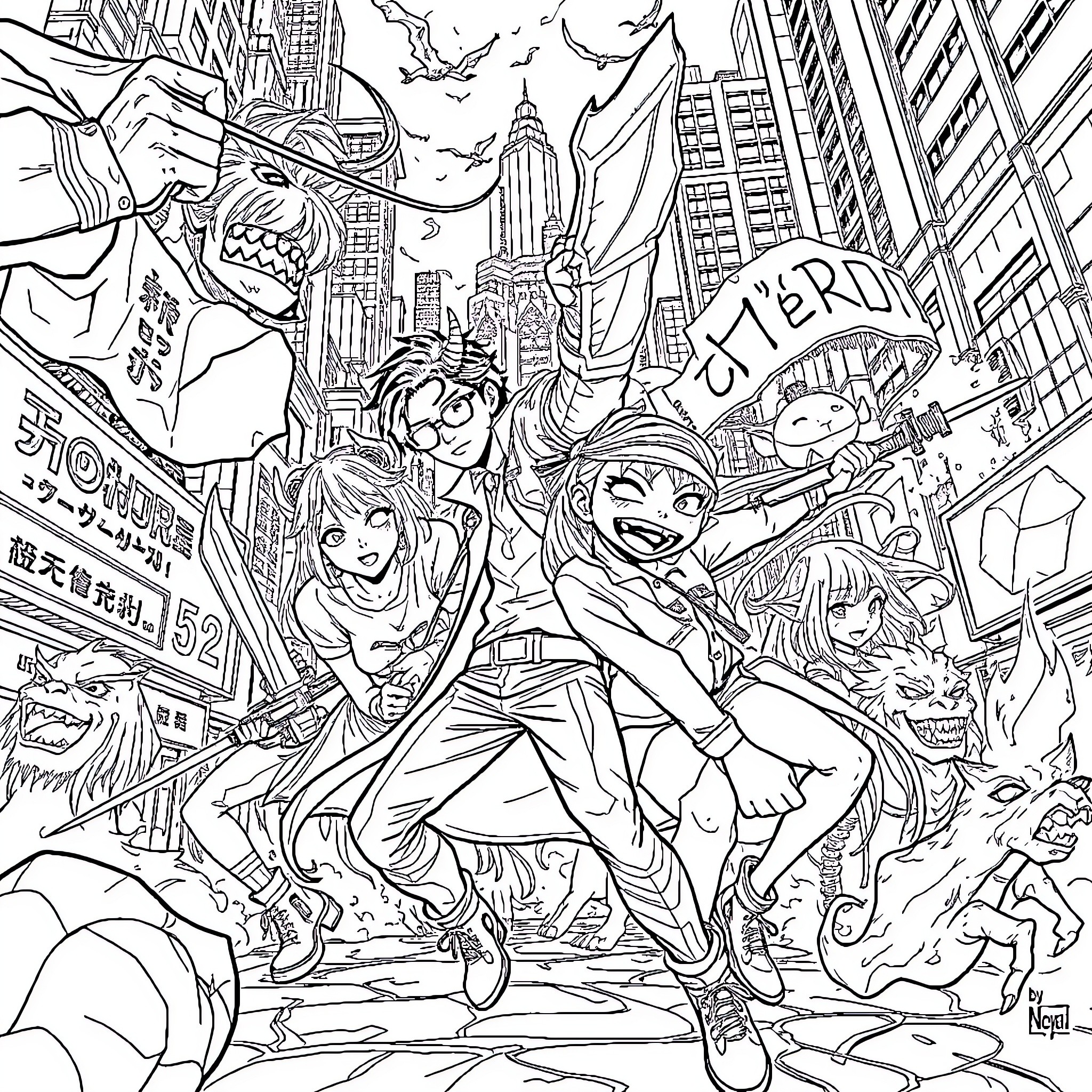Demon Hunter Battles Supernatural Foes in Vibrant City Coloring Page (free black-and-white line drawing printable PDF for all, from beginners to advanced learners, including children, teens, adults, and seniors)