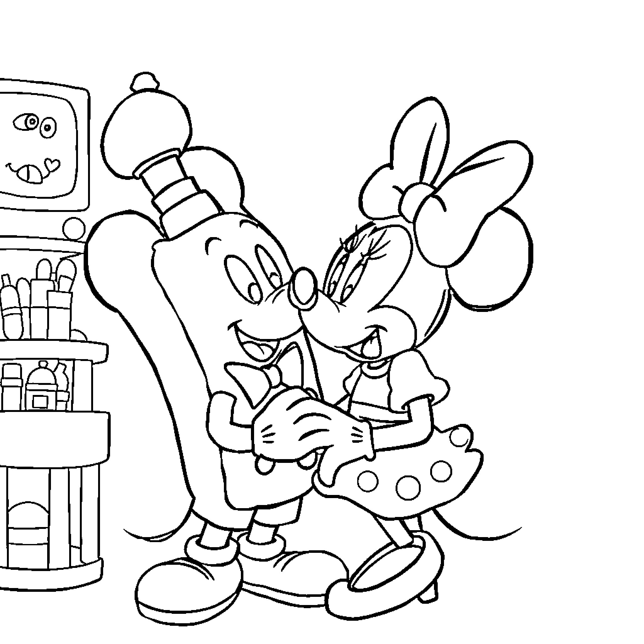 Minnie Mouse and Mickey Mouse happily shopping together Coloring Page (free black-and-white line drawing printable PDF for all, from beginners to advanced learners, including children, teens, adults, and seniors)