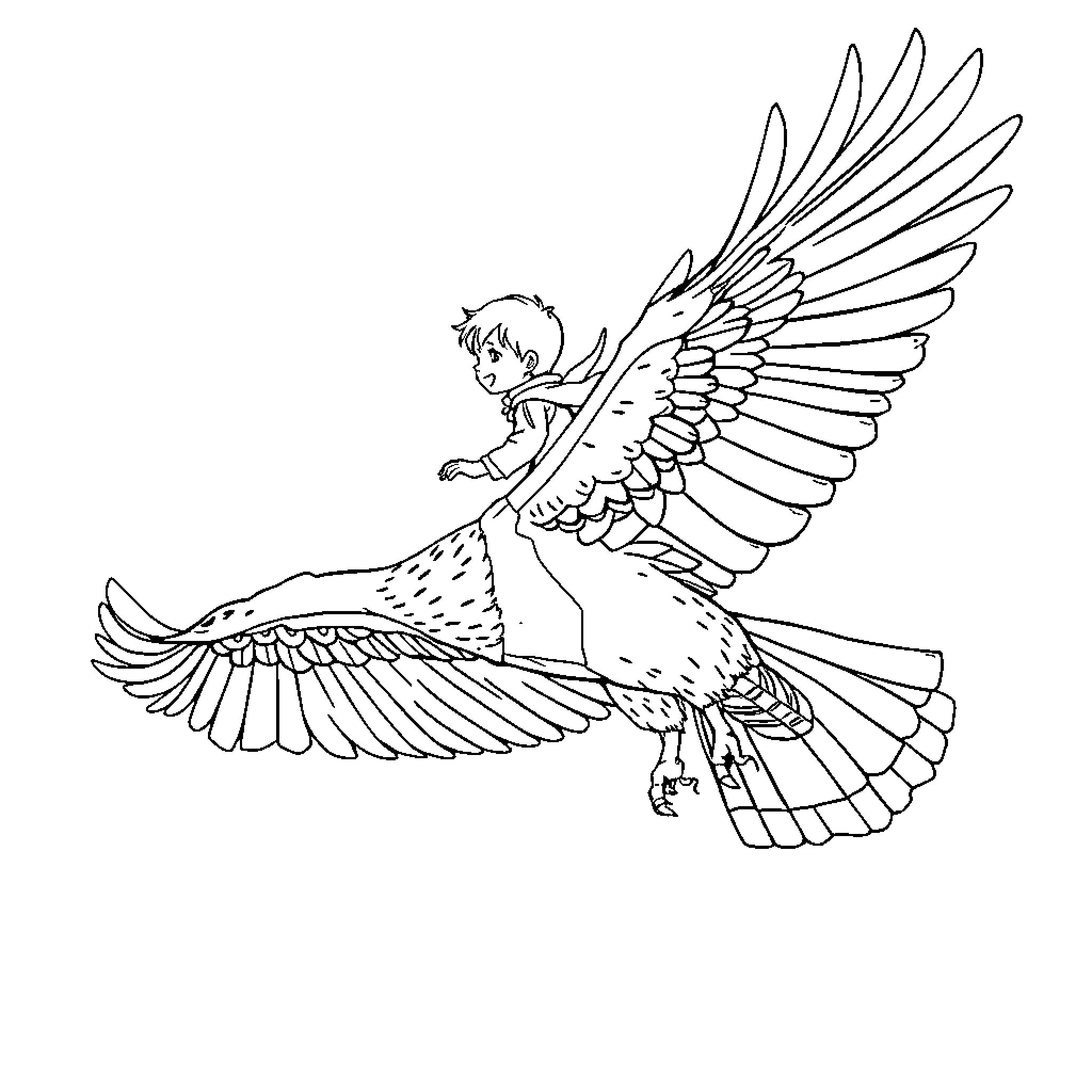 Kid with wings flying in the sky Coloring Page (free black-and-white line drawing printable PDF for all, from beginners to advanced learners, including children, teens, adults, and seniors)