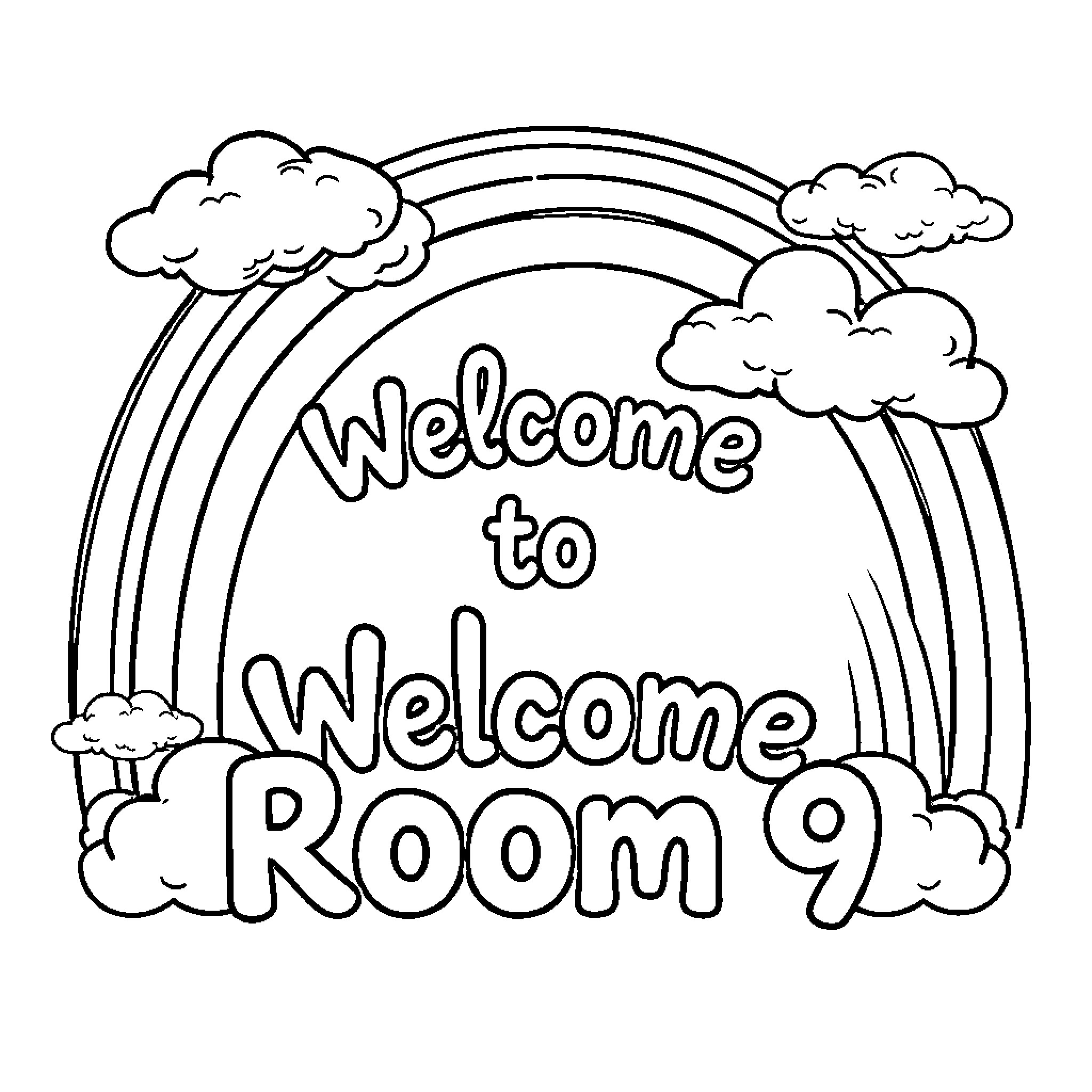 Rainbow welcome to classroom scene Coloring Page (free black-and-white line drawing printable PDF for all, from beginners to advanced learners, including children, teens, adults, and seniors)