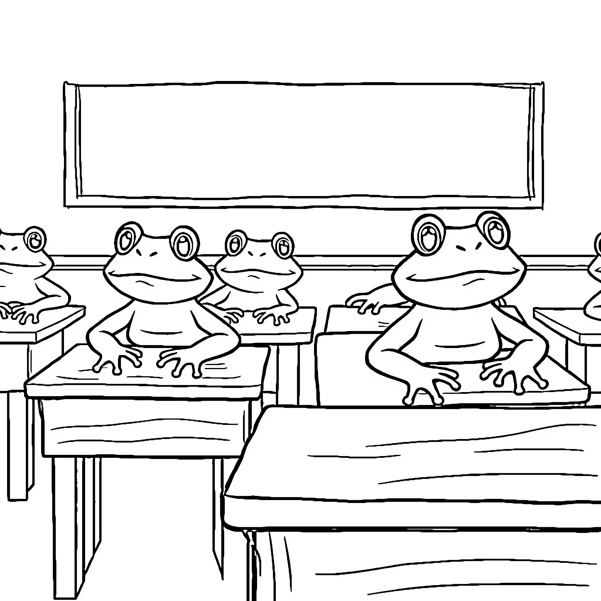Frogs in classroom learning together Coloring Page (free black-and-white line drawing printable PDF for all, from beginners to advanced learners, including children, teens, adults, and seniors)