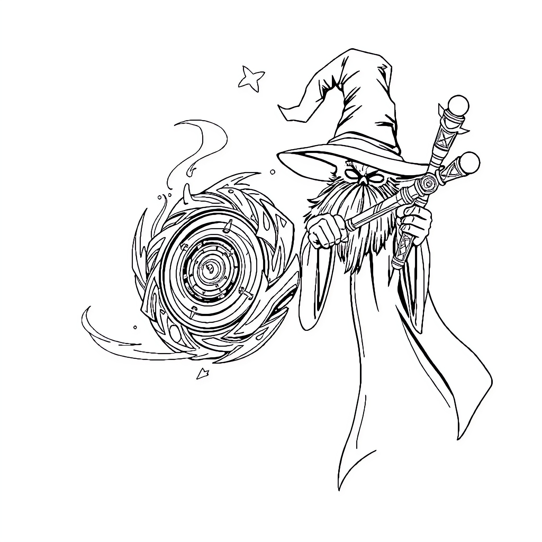 Beyblade battle with wizard and spinning tops Coloring Page (free black-and-white line drawing printable PDF for all, from beginners to advanced learners, including children, teens, adults, and seniors)