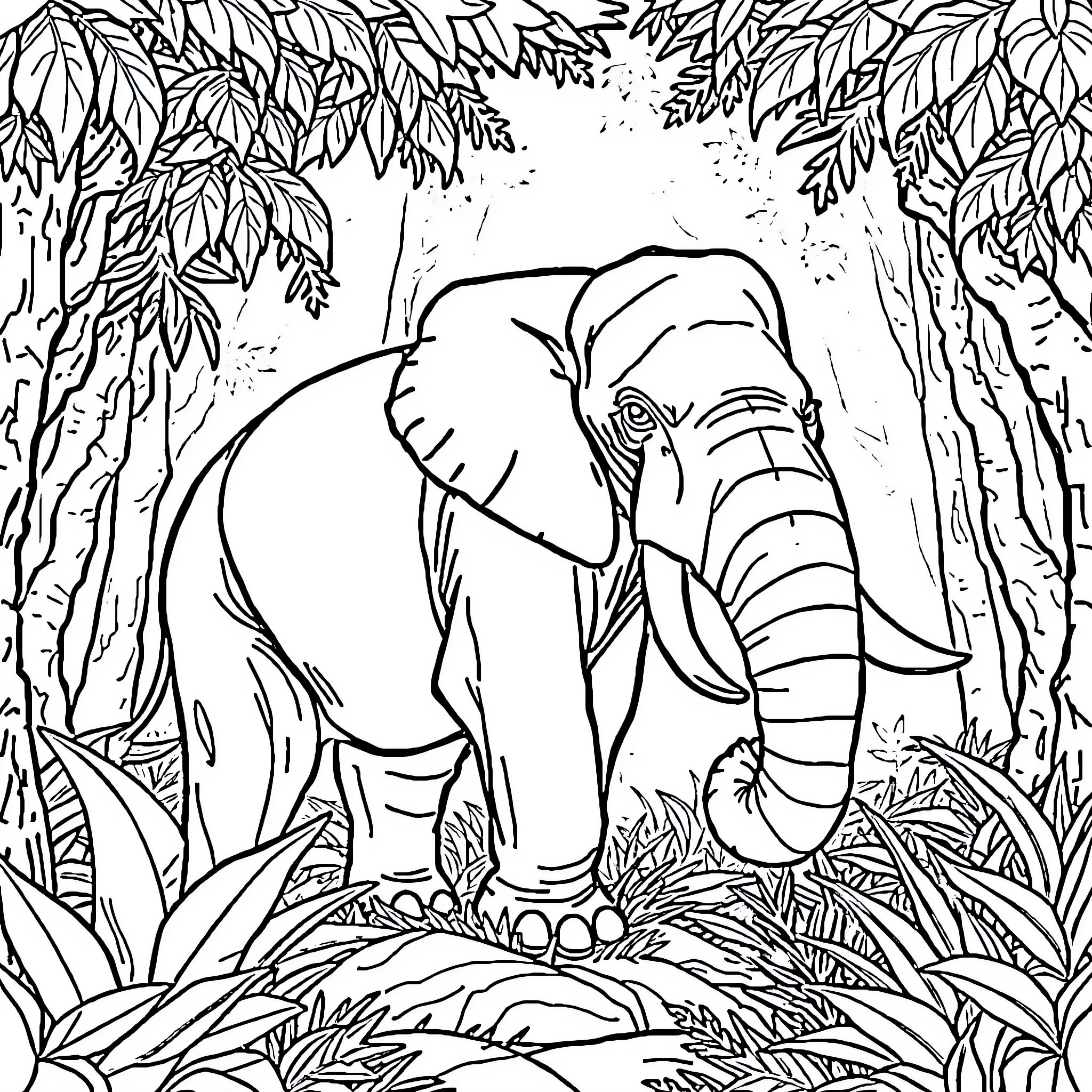 Elephant wandering through the lush jungle Coloring Page (free black-and-white line drawing printable PDF for all, from beginners to advanced learners, including children, teens, adults, and seniors)