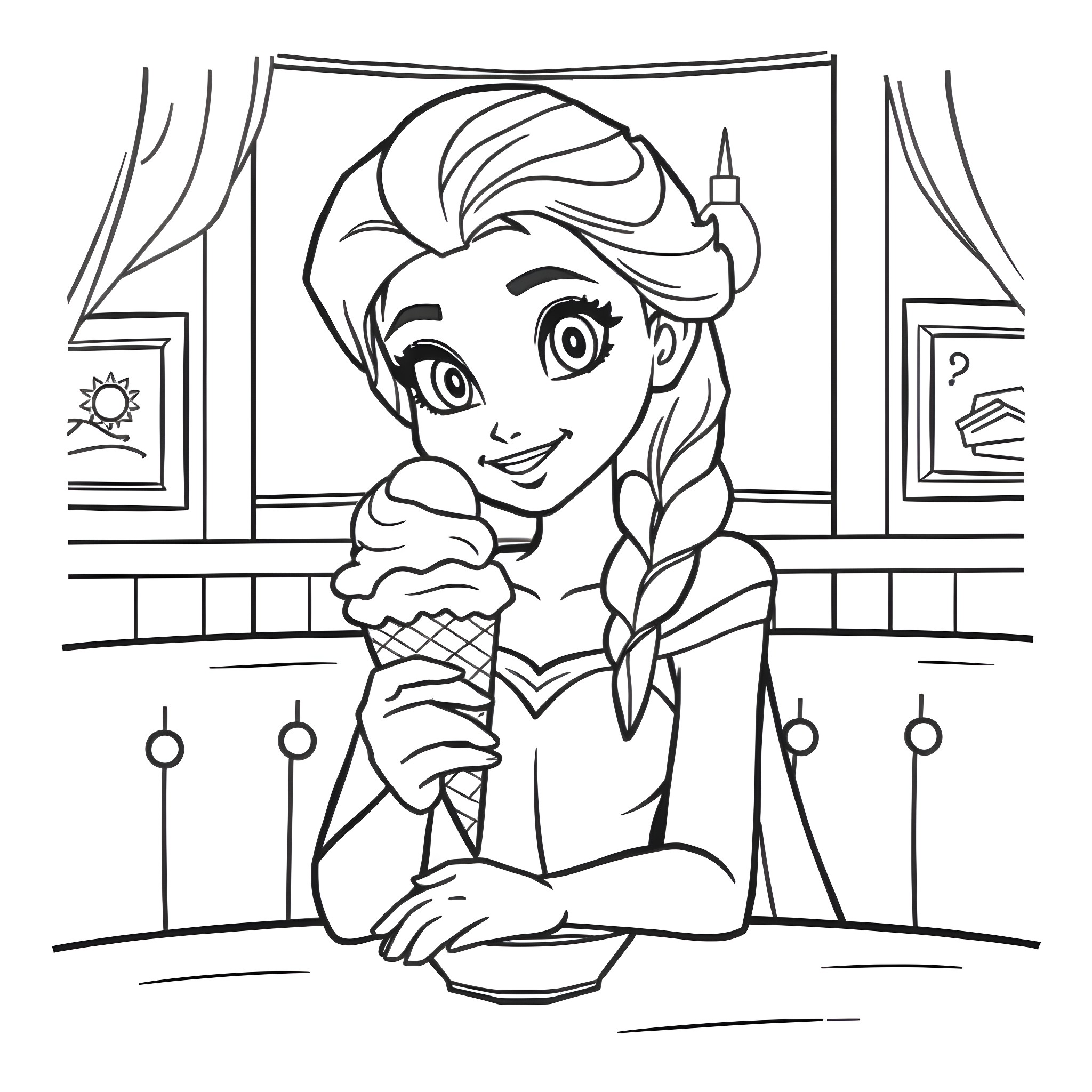 Elsa enjoying an ice cream treat in her room Coloring Page (free black-and-white line drawing printable PDF for all, from beginners to advanced learners, including children, teens, adults, and seniors)