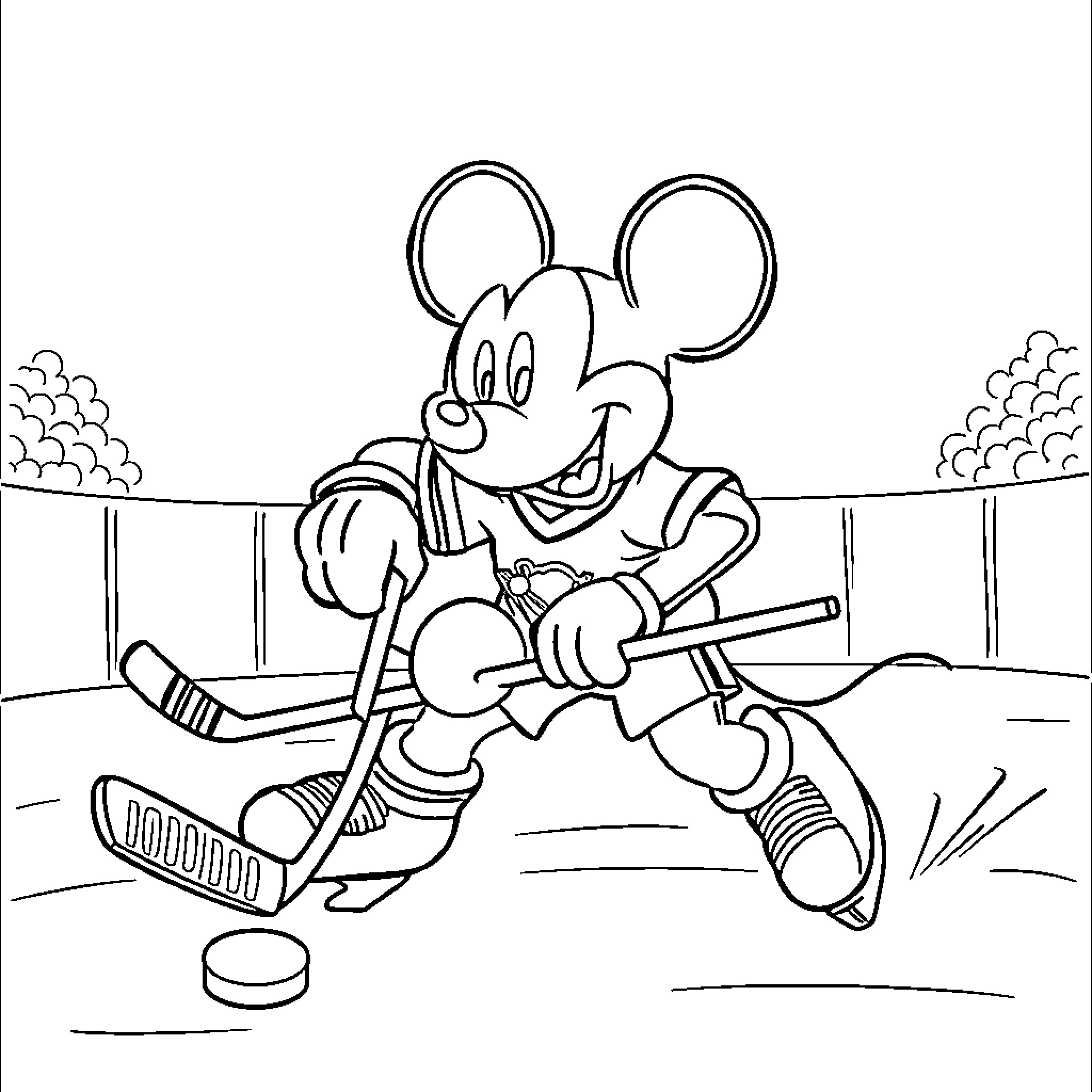 Mickey playing ice hockey with enthusiasm Coloring Page (free black-and-white line drawing printable PDF for all, from beginners to advanced learners, including children, teens, adults, and seniors)