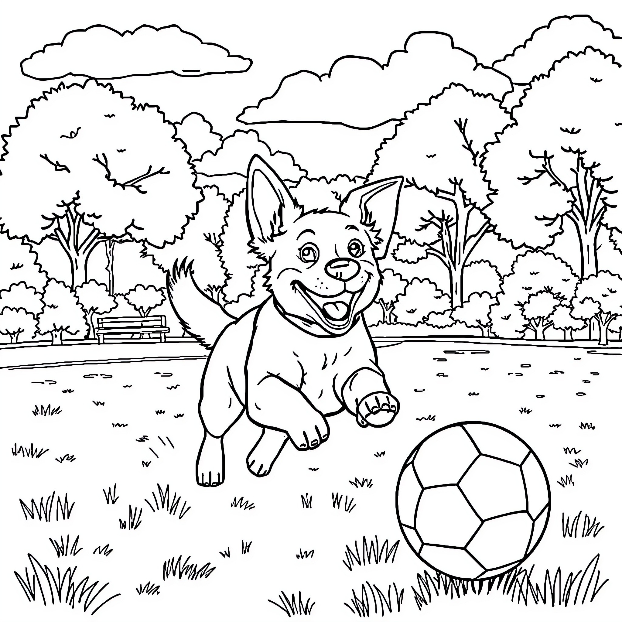 Dog playing with soccer ball in the park Coloring Page (free black-and-white line drawing printable PDF for all, from beginners to advanced learners, including children, teens, adults, and seniors)