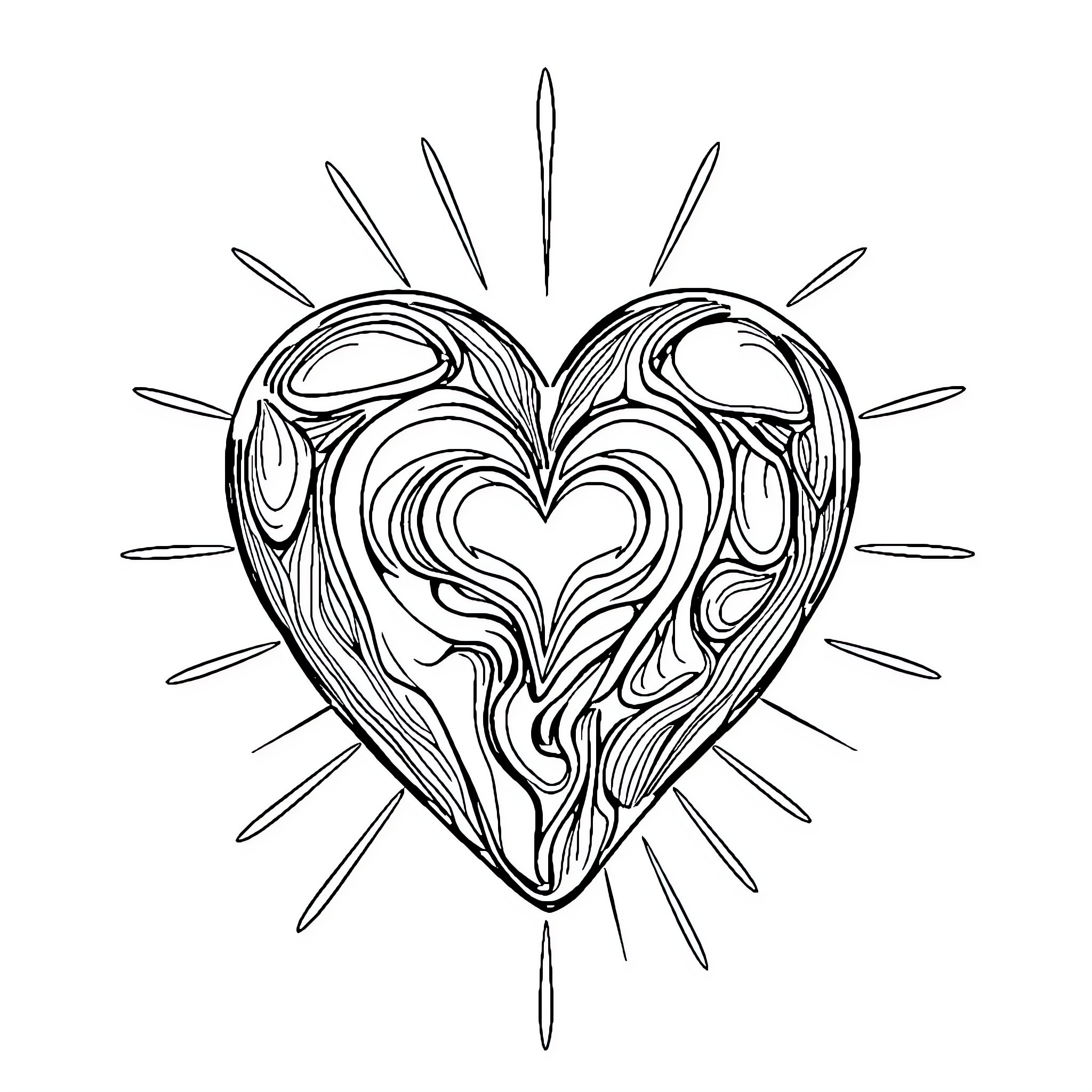 Heart Radiating Ornate Lines and Shapes Coloring Page (free black-and-white line drawing printable PDF for all, from beginners to advanced learners, including children, teens, adults, and seniors)