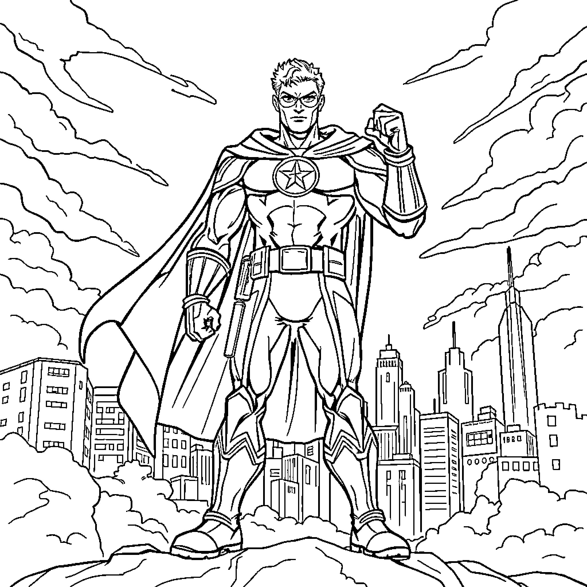 Hero Stands Tall in the City Coloring Page (free black-and-white line drawing printable PDF for all, from beginners to advanced learners, including children, teens, adults, and seniors)