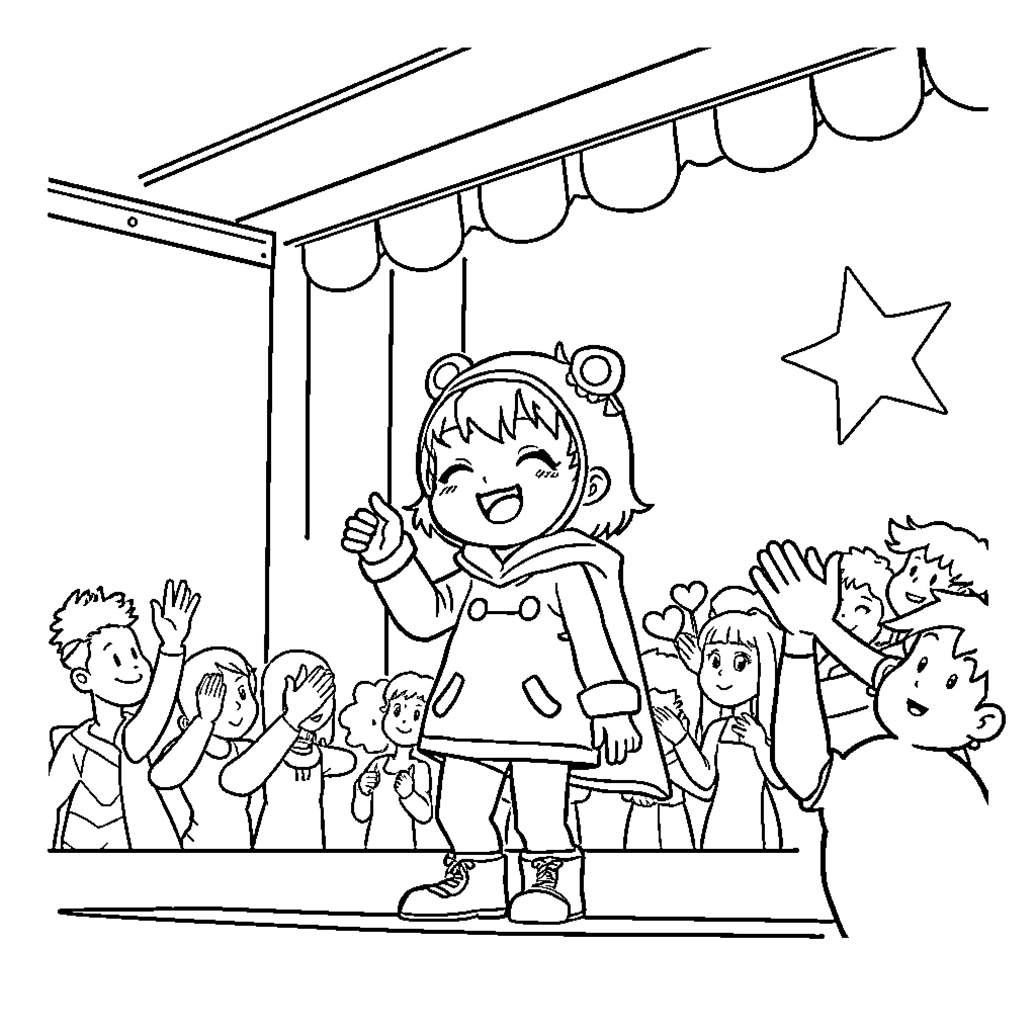 Ahyeon's Joyful Performance on Stage Coloring Page (free black-and-white line drawing printable PDF for all, from beginners to advanced learners, including children, teens, adults, and seniors)