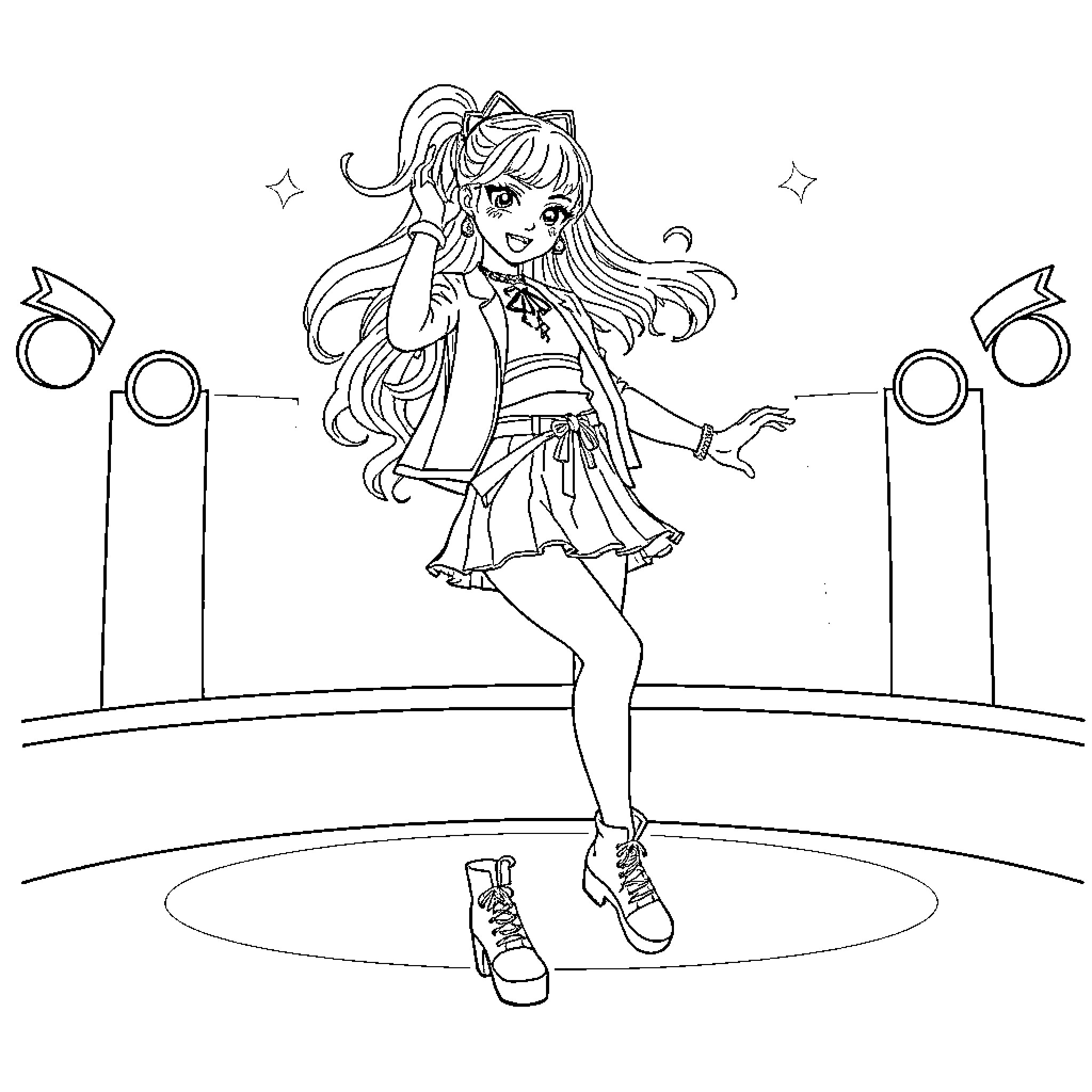Zoey Performing on a Musical Stage Coloring Page (free black-and-white line drawing printable PDF for all, from beginners to advanced learners, including children, teens, adults, and seniors)