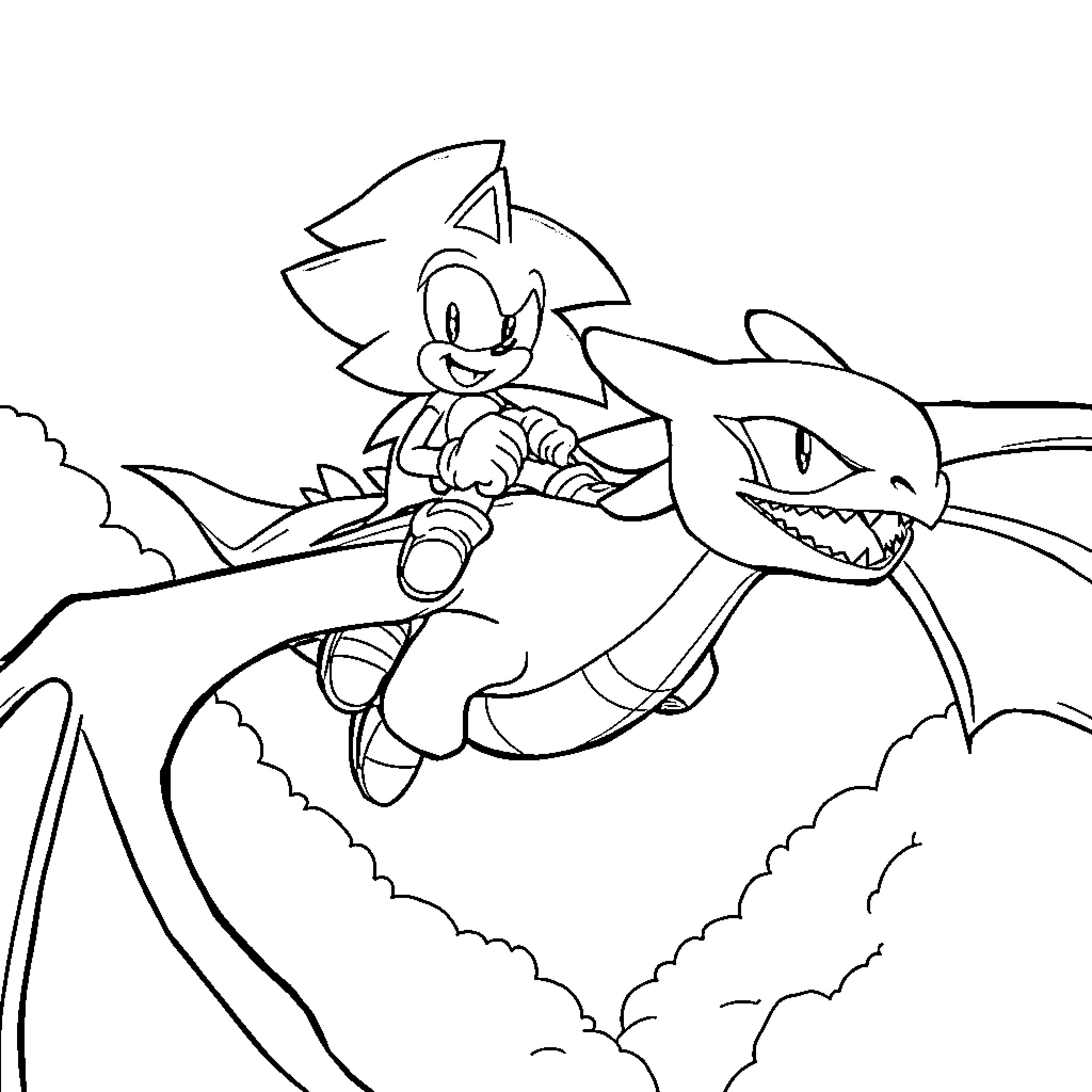 Sonic riding shark through the sky Coloring Page (free black-and-white line drawing printable PDF for all, from beginners to advanced learners, including children, teens, adults, and seniors)