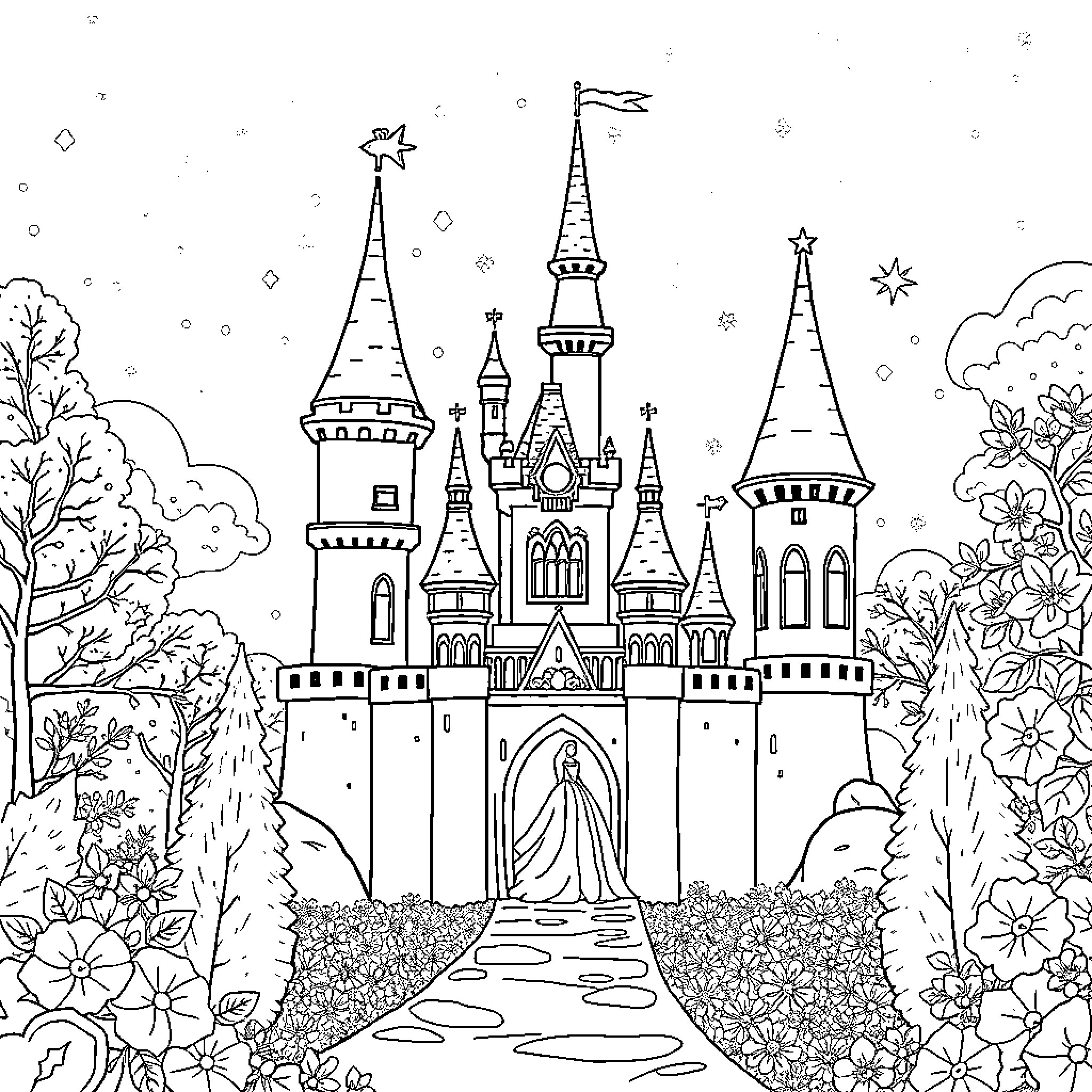 Princess's Enchanted Castle in the Enchanted Forest Coloring Page (free black-and-white line drawing printable PDF for all, from beginners to advanced learners, including children, teens, adults, and seniors)