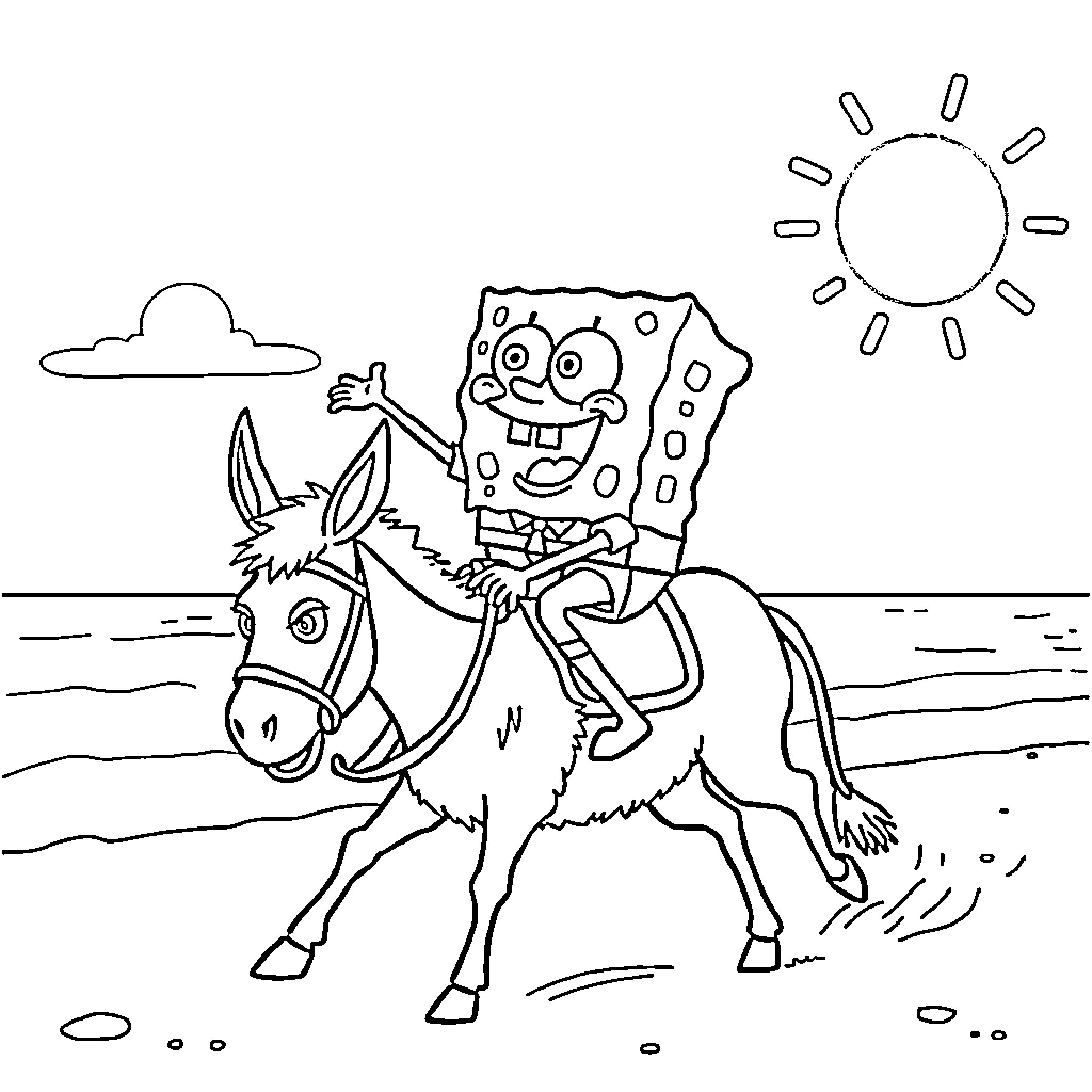 Spongebob riding a donkey on the beach Coloring Page (free black-and-white line drawing printable PDF for all, from beginners to advanced learners, including children, teens, adults, and seniors)