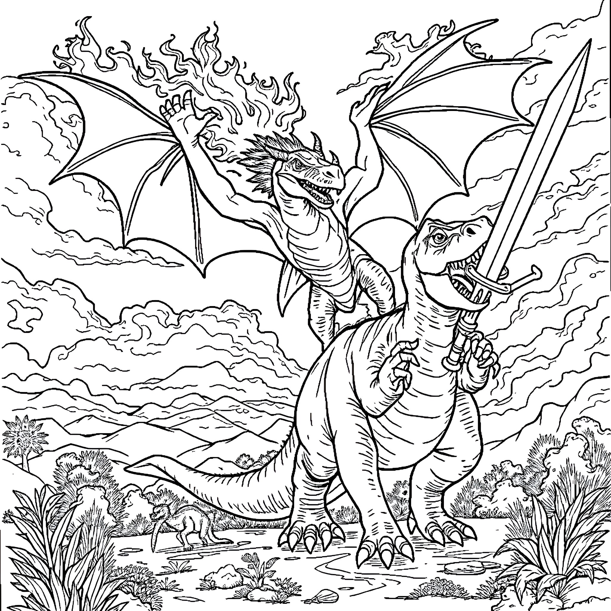Dragon warriors battling in a fantastical landscape Coloring Page (free black-and-white line drawing printable PDF for all, from beginners to advanced learners, including children, teens, adults, and seniors)