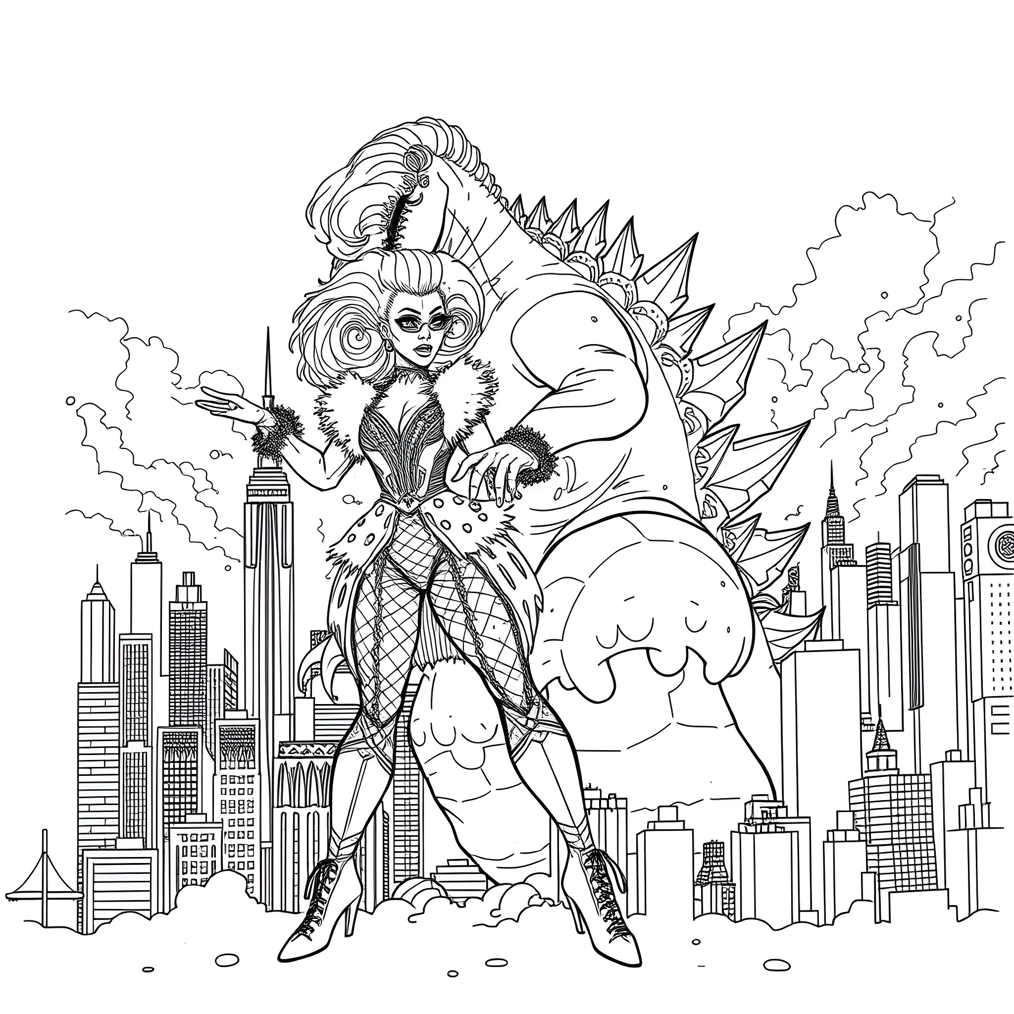 RuPaul's Dramatic Performance in the Cityscape Coloring Page (free black-and-white line drawing printable PDF for all, from beginners to advanced learners, including children, teens, adults, and seniors)