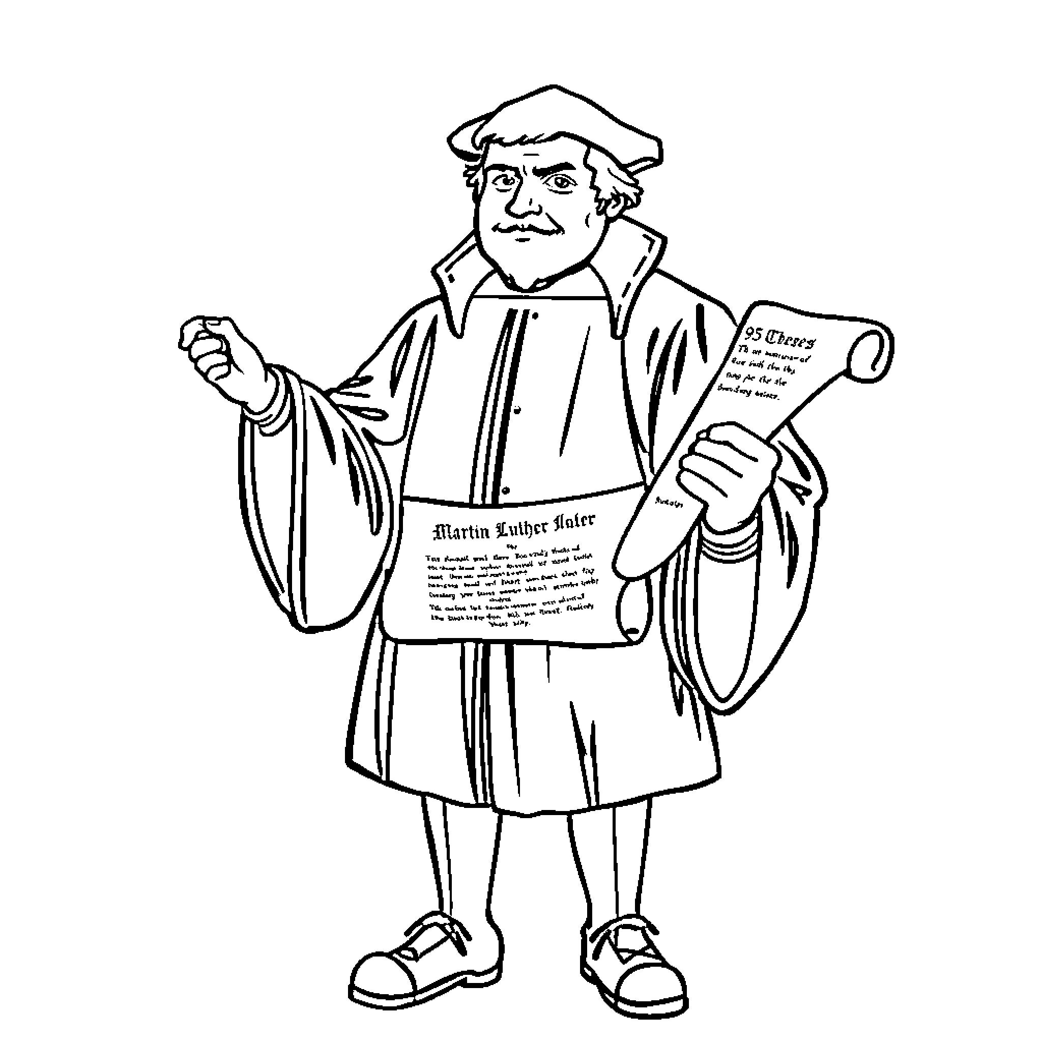 Martin Luther Posting His Theses Coloring Page (free black-and-white line drawing printable PDF for all, from beginners to advanced learners, including children, teens, adults, and seniors)