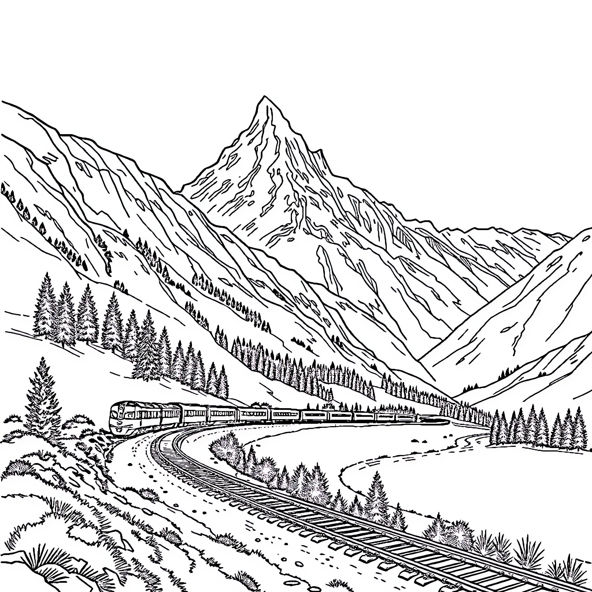 Train traveling through majestic mountain landscape Coloring Page (free black-and-white line drawing printable PDF for all, from beginners to advanced learners, including children, teens, adults, and seniors)