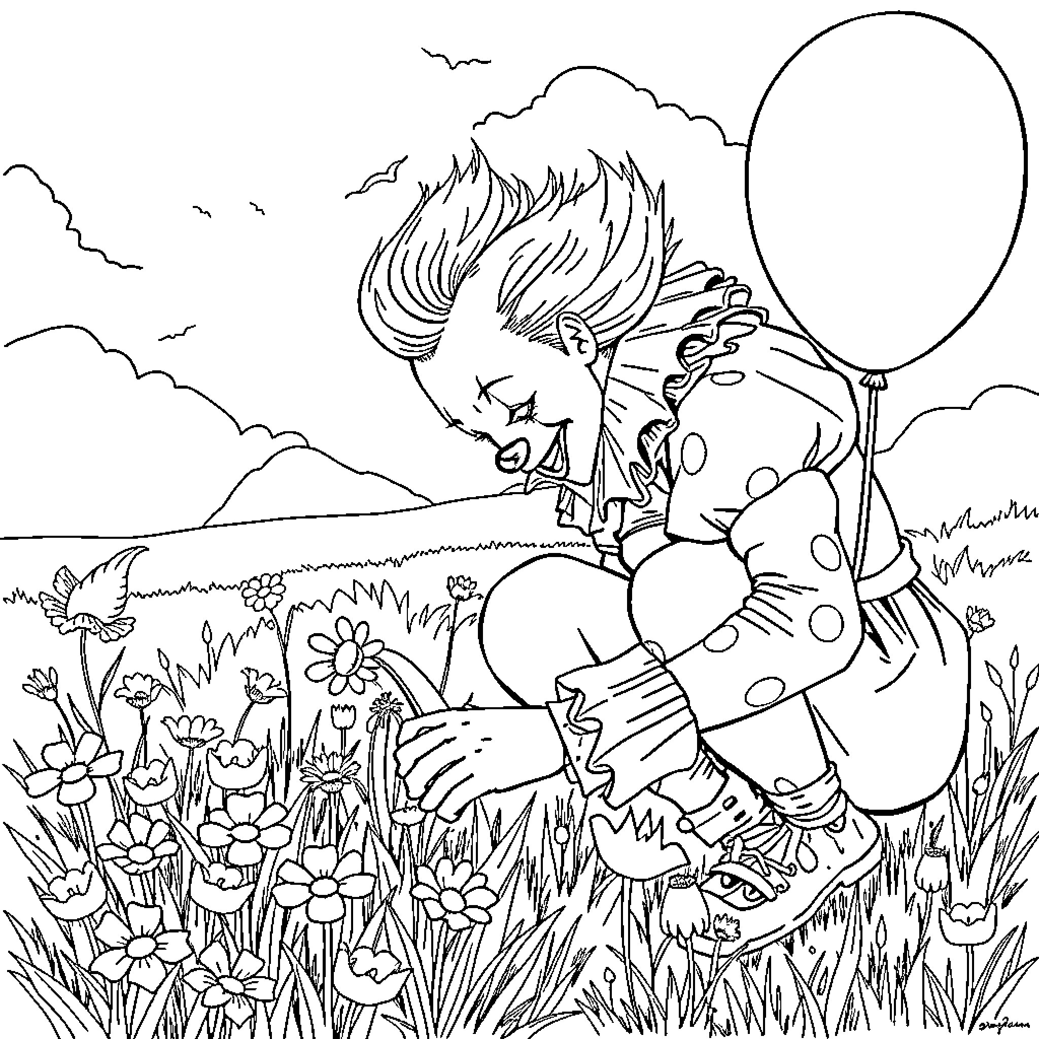 Pennywise the Clown in Whimsical Meadow Coloring Page (free black-and-white line drawing printable PDF for all, from beginners to advanced learners, including children, teens, adults, and seniors)
