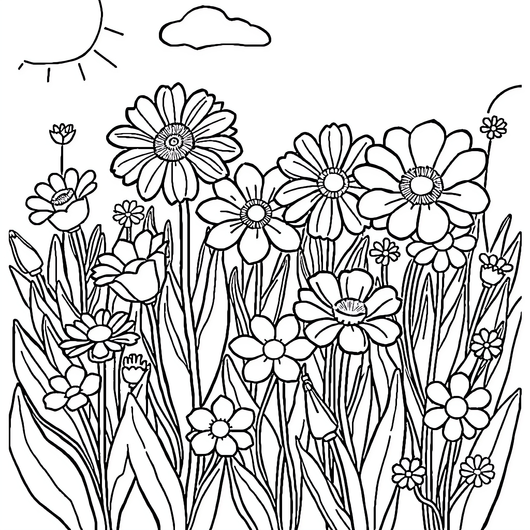 Flower Garden Blossoms in Sunshine Coloring Page (free black-and-white line drawing printable PDF for all, from beginners to advanced learners, including children, teens, adults, and seniors)