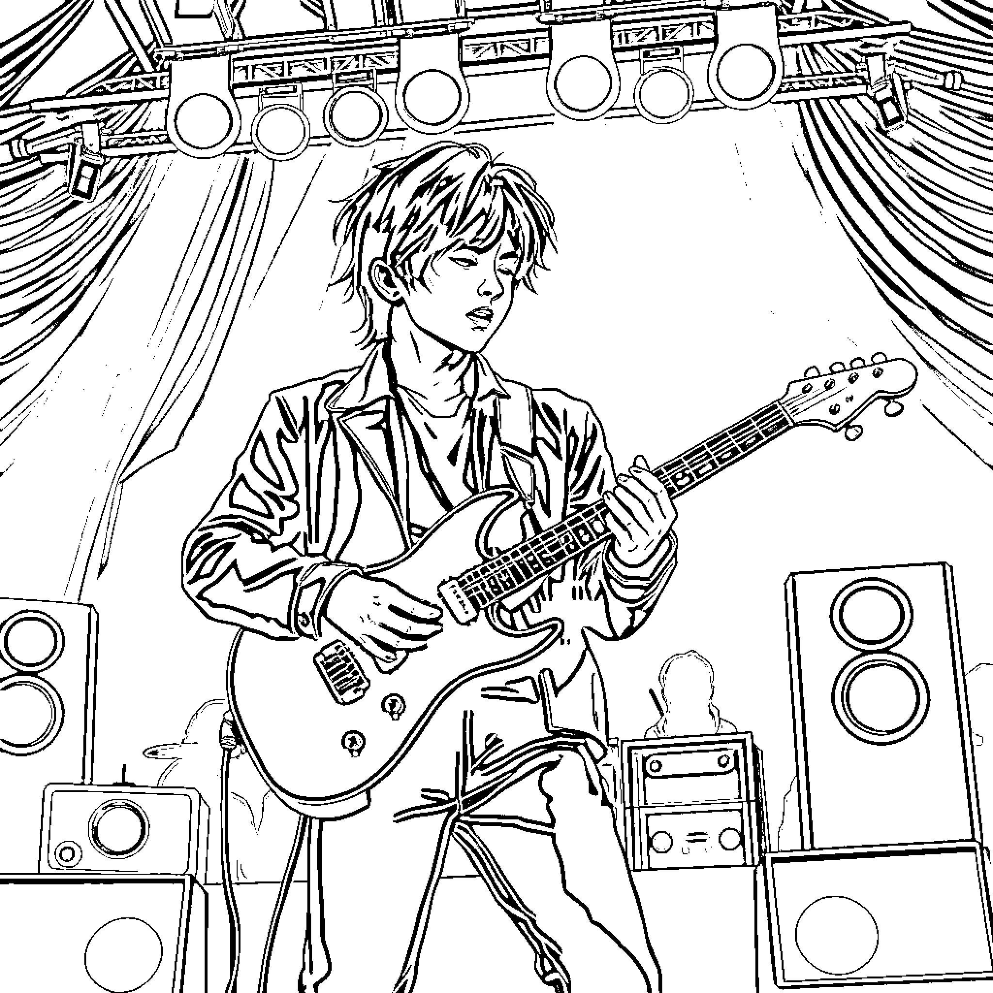 Rumy performing on stage with guitar Coloring Page (free black-and-white line drawing printable PDF for all, from beginners to advanced learners, including children, teens, adults, and seniors)