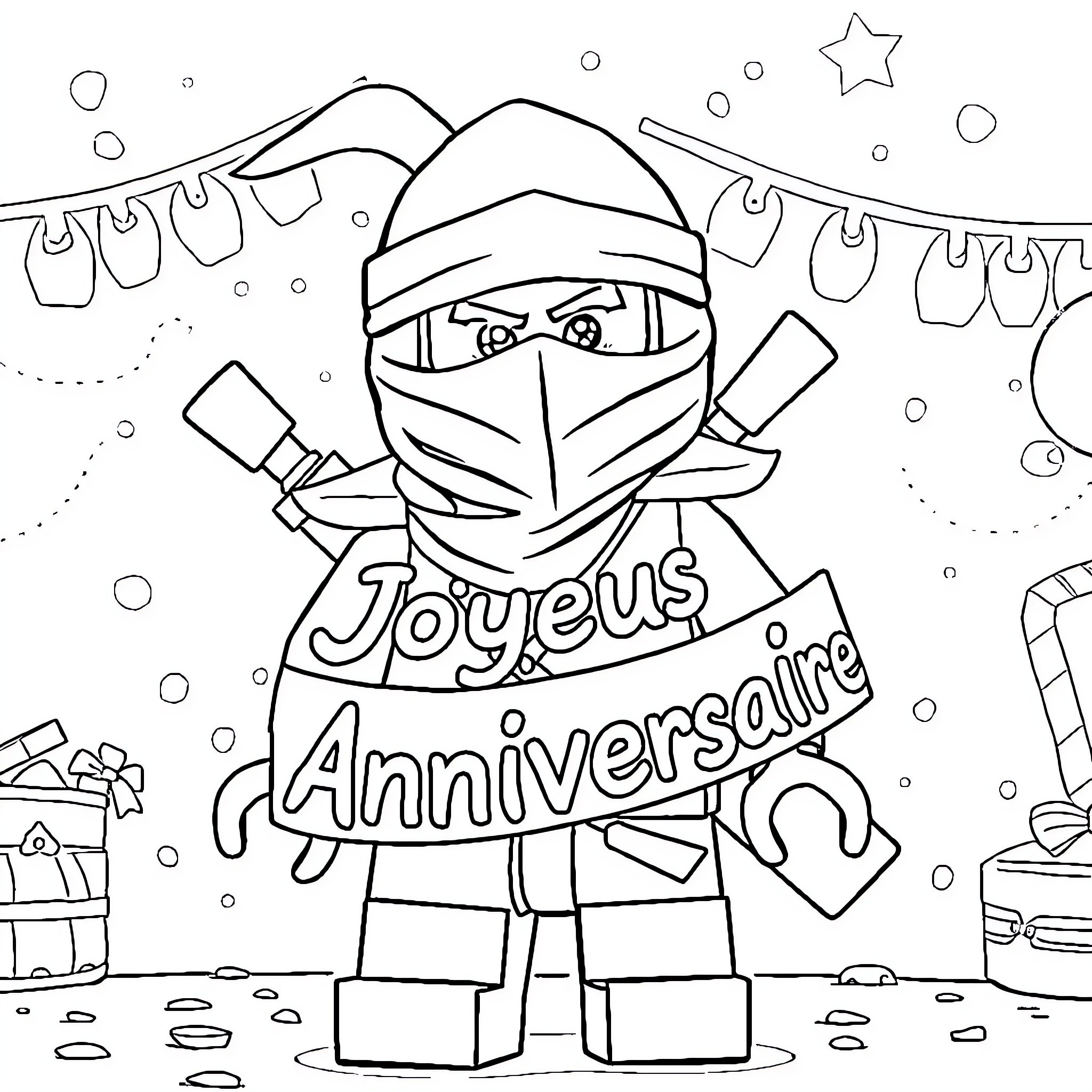 Ninjago ninja celebrating joyous anniversary Coloring Page (free black-and-white line drawing printable PDF for all, from beginners to advanced learners, including children, teens, adults, and seniors)
