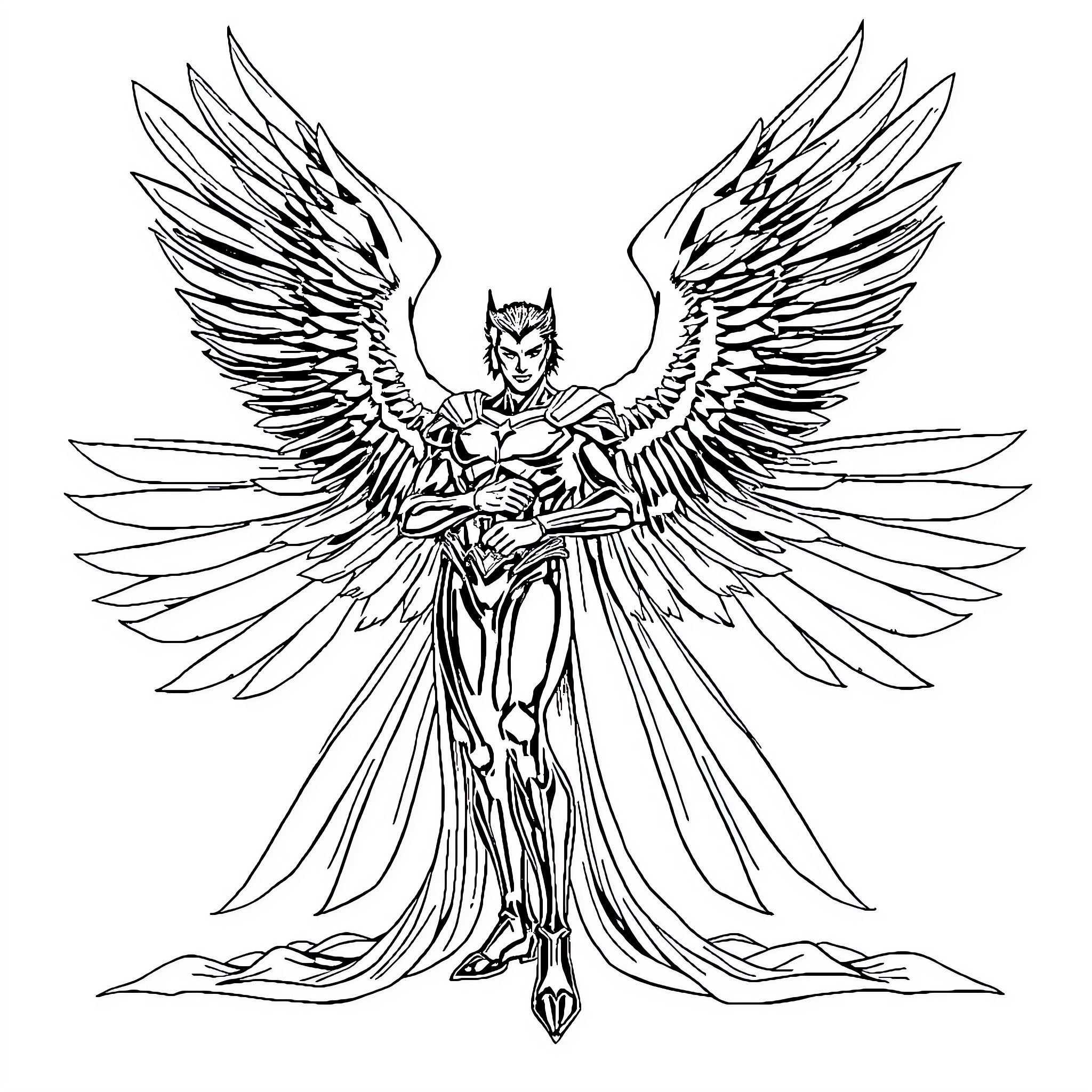 Domenic Torero battles with mighty angelic wings Coloring Page (free black-and-white line drawing printable PDF for all, from beginners to advanced learners, including children, teens, adults, and seniors)