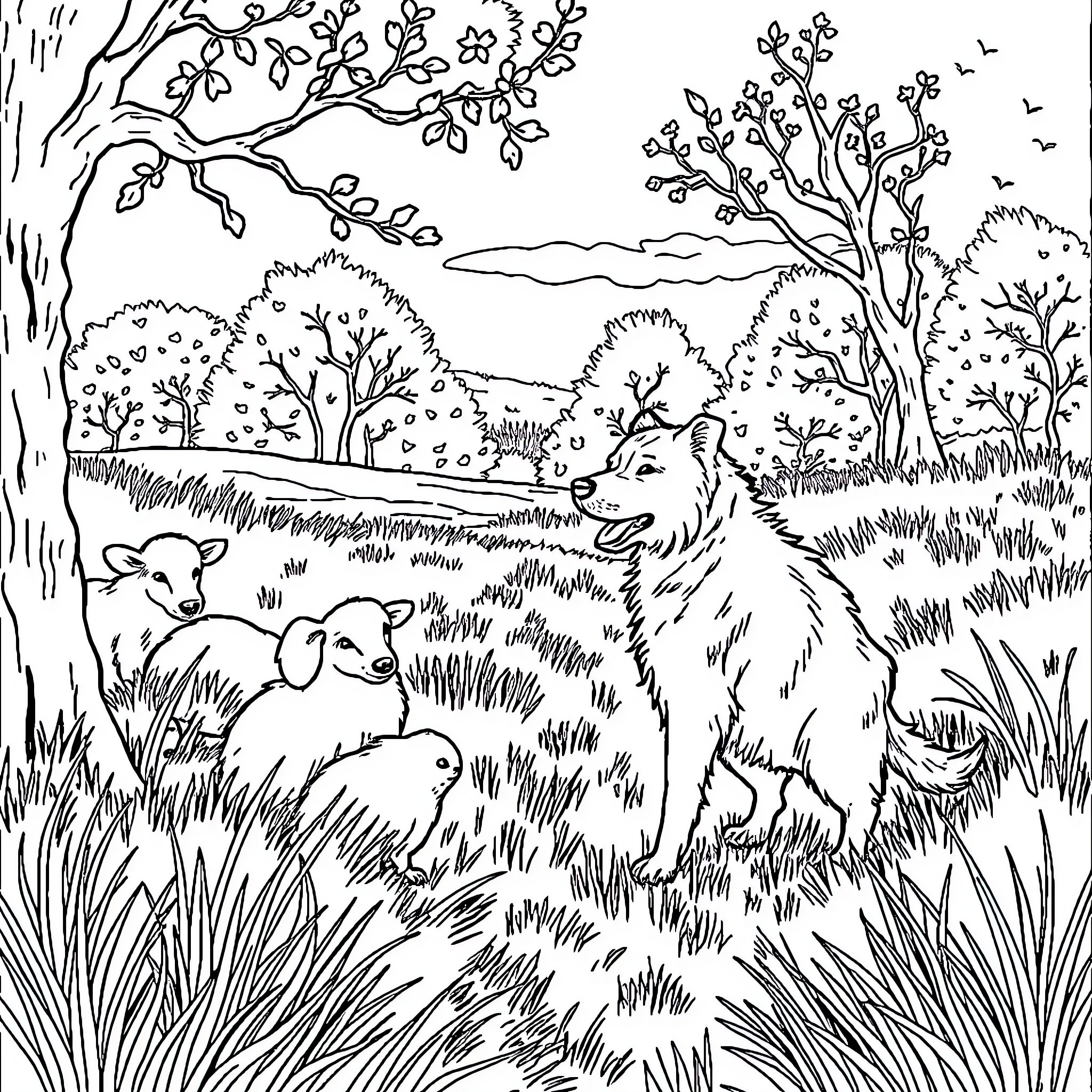 Dog guarding sheep in a peaceful countryside scene Coloring Page (free black-and-white line drawing printable PDF for all, from beginners to advanced learners, including children, teens, adults, and seniors)