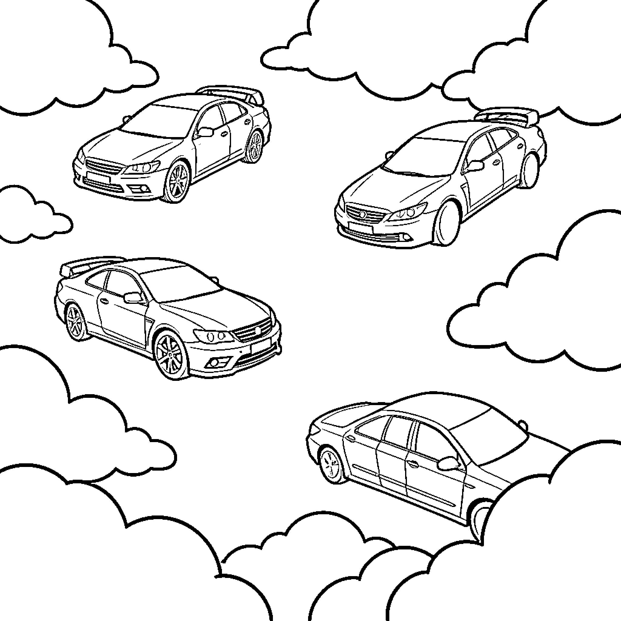 Car driving through a sky of clouds Coloring Page (free black-and-white line drawing printable PDF for all, from beginners to advanced learners, including children, teens, adults, and seniors)