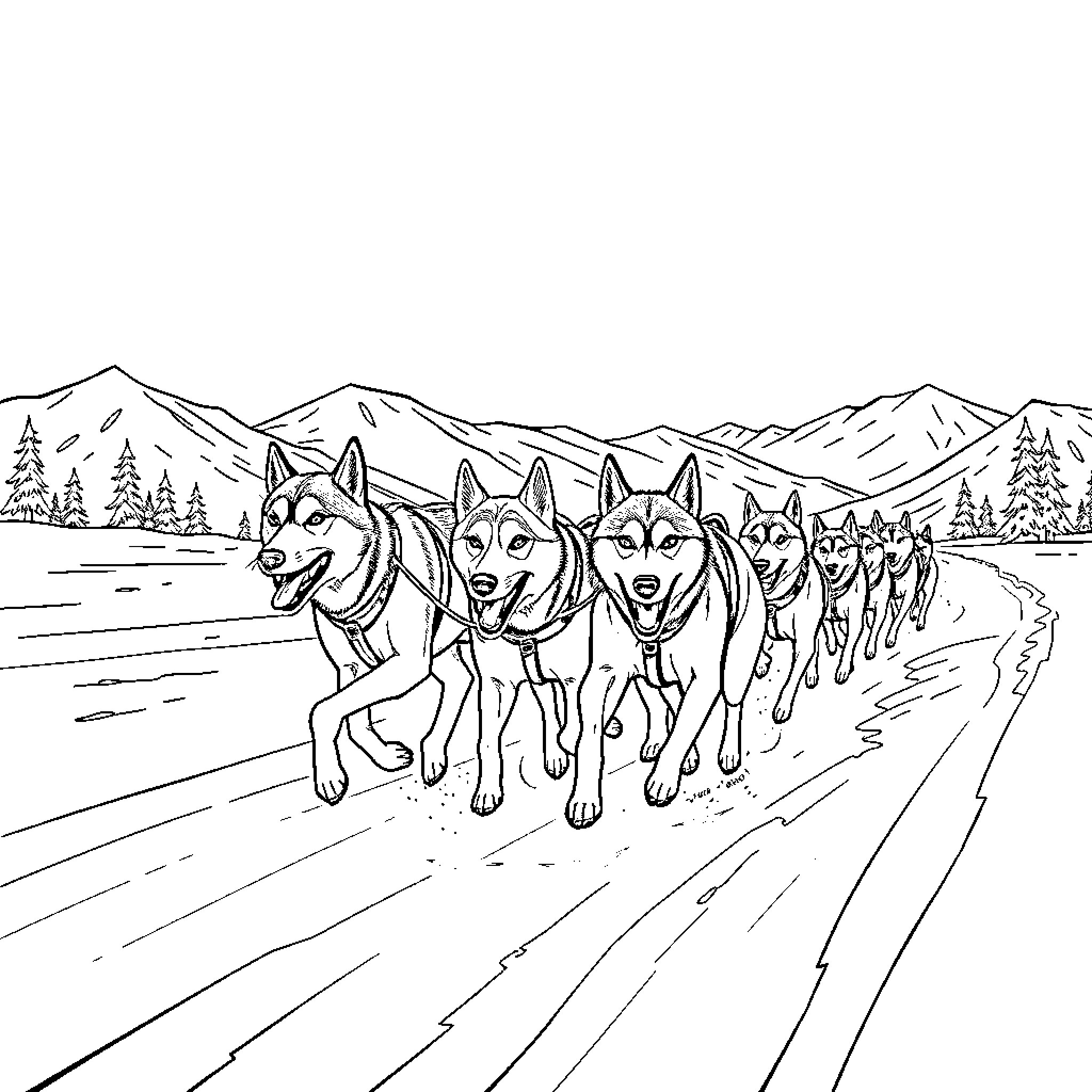 Sled Dog Team Running Through Snowy Landscape Coloring Page (free black-and-white line drawing printable PDF for all, from beginners to advanced learners, including children, teens, adults, and seniors)