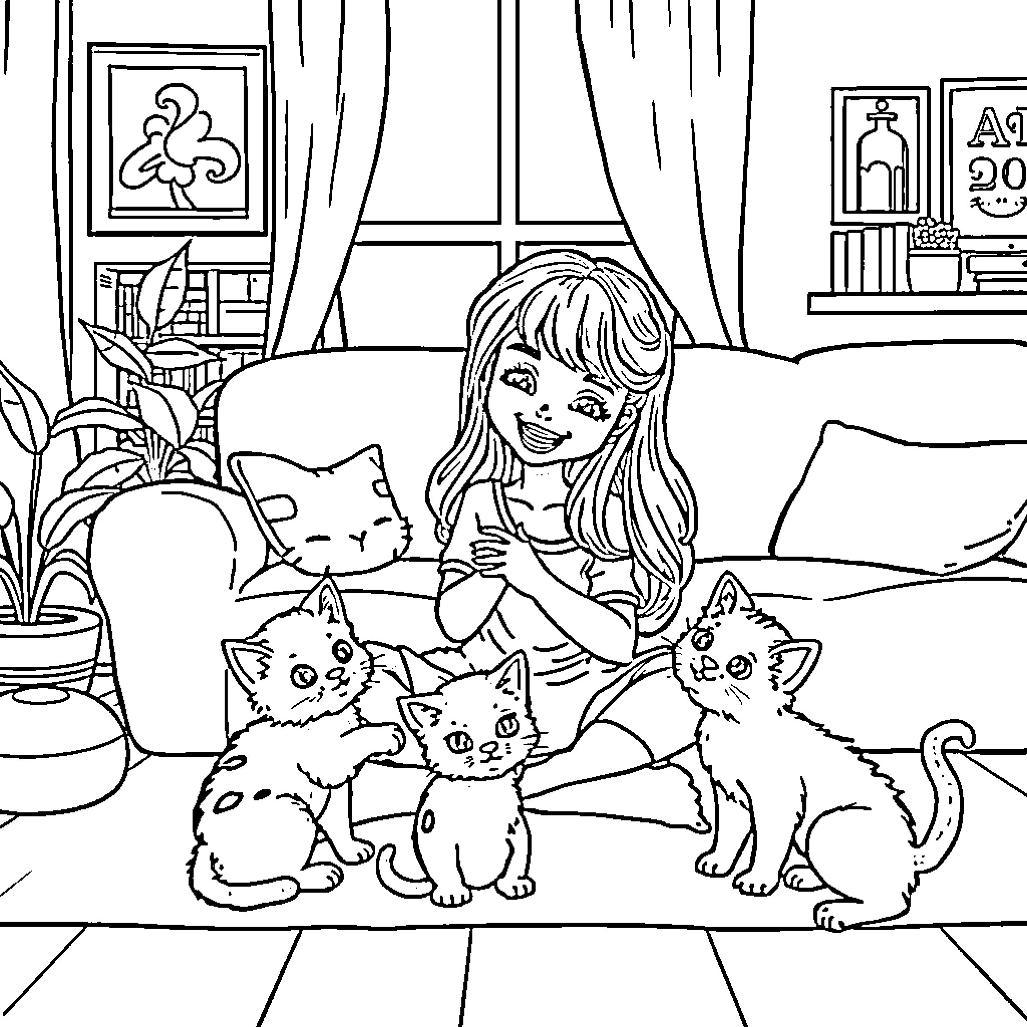 Gabi playing with her cat friends at home Coloring Page (free black-and-white line drawing printable PDF for all, from beginners to advanced learners, including children, teens, adults, and seniors)