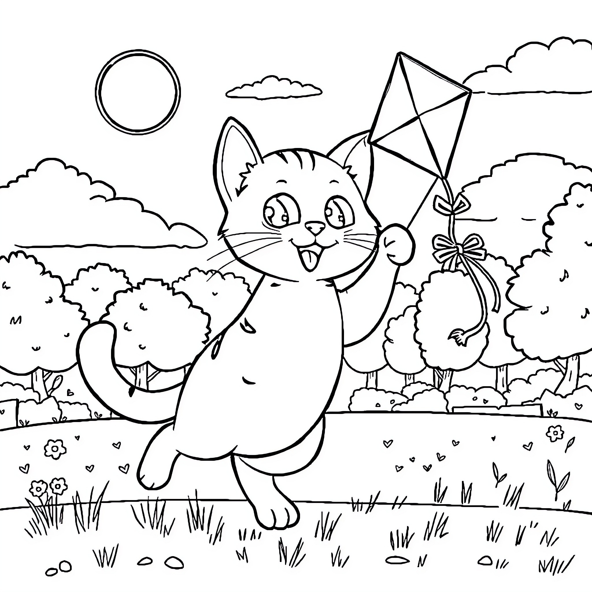 Gabby the Playful Kitty Flies a Kite Coloring Page (free black-and-white line drawing printable PDF for all, from beginners to advanced learners, including children, teens, adults, and seniors)