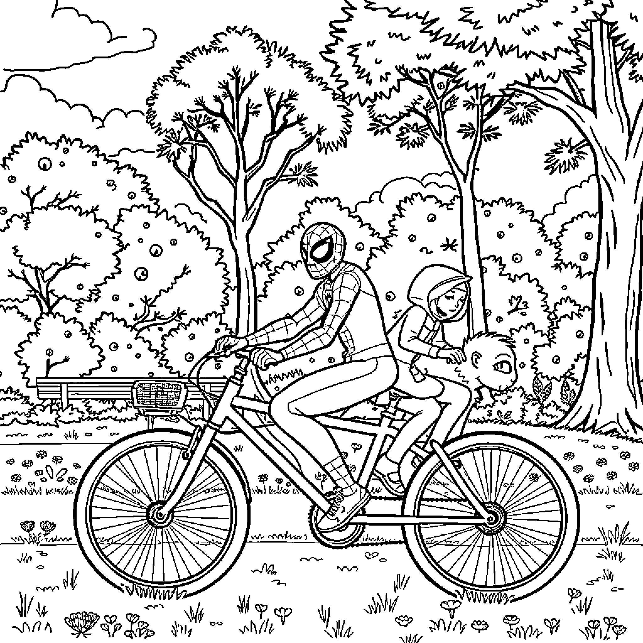 Spidey riding a bicycle with friends in the park Coloring Page (free black-and-white line drawing printable PDF for all, from beginners to advanced learners, including children, teens, adults, and seniors)