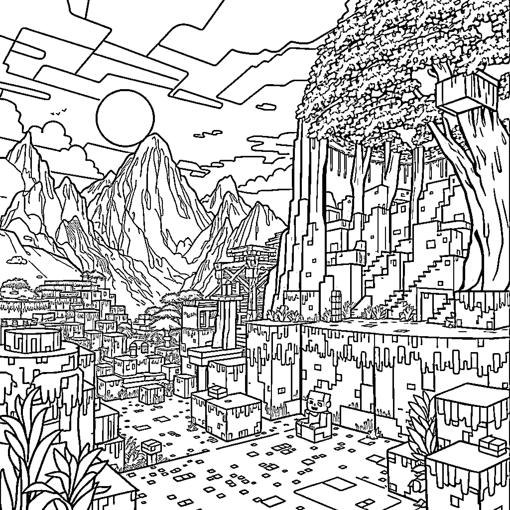Minecraft - Vast Mountainous Landscape with Sprawling City Coloring Page (free black-and-white line drawing printable PDF for all, from beginners to advanced learners, including children, teens, adults, and seniors)