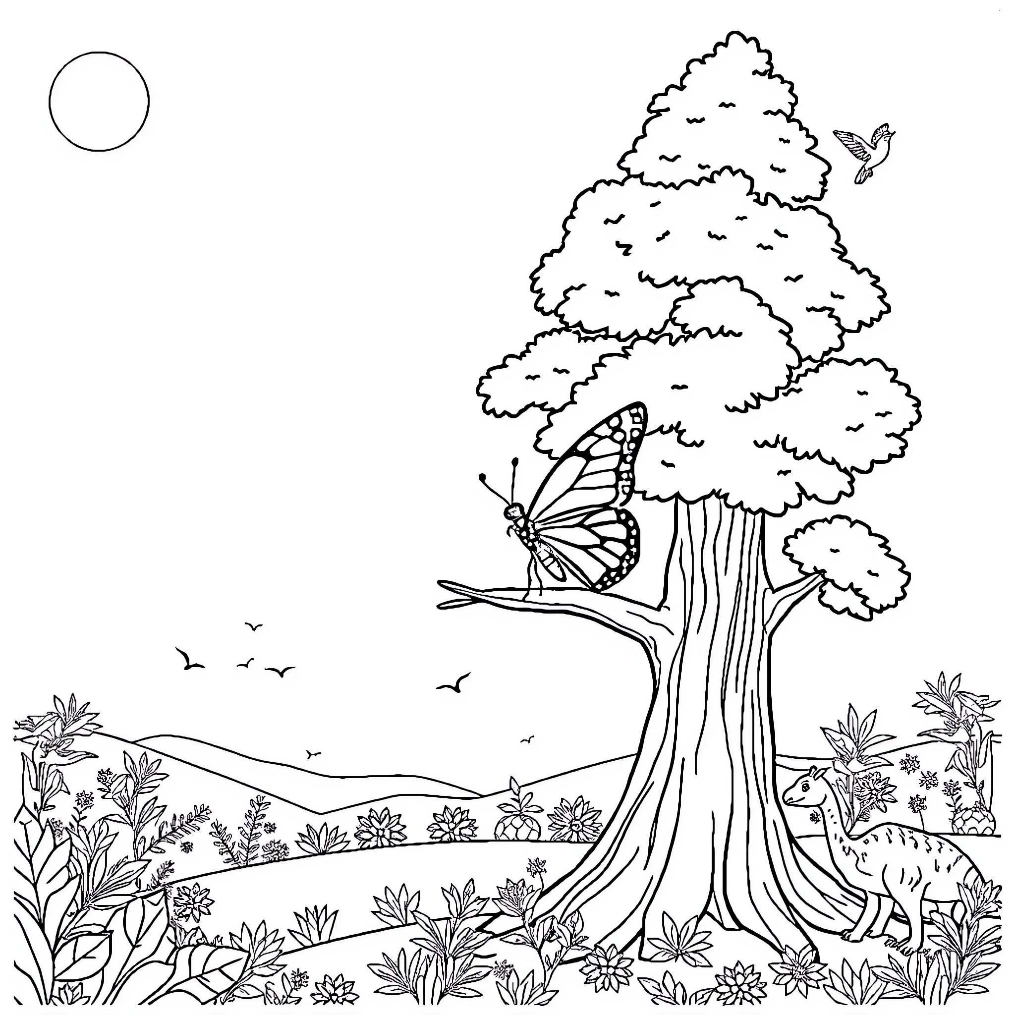 Butterfly resting on a tree in a nature scene Coloring Page (free black-and-white line drawing printable PDF for all, from beginners to advanced learners, including children, teens, adults, and seniors)