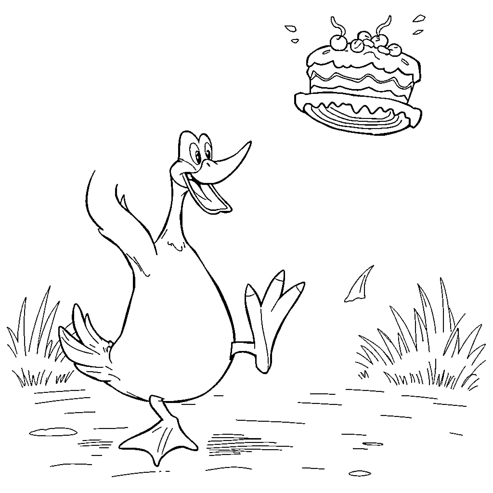 Gladstone Gander's Playful Birthday Celebration Coloring Page (free black-and-white line drawing printable PDF for all, from beginners to advanced learners, including children, teens, adults, and seniors)