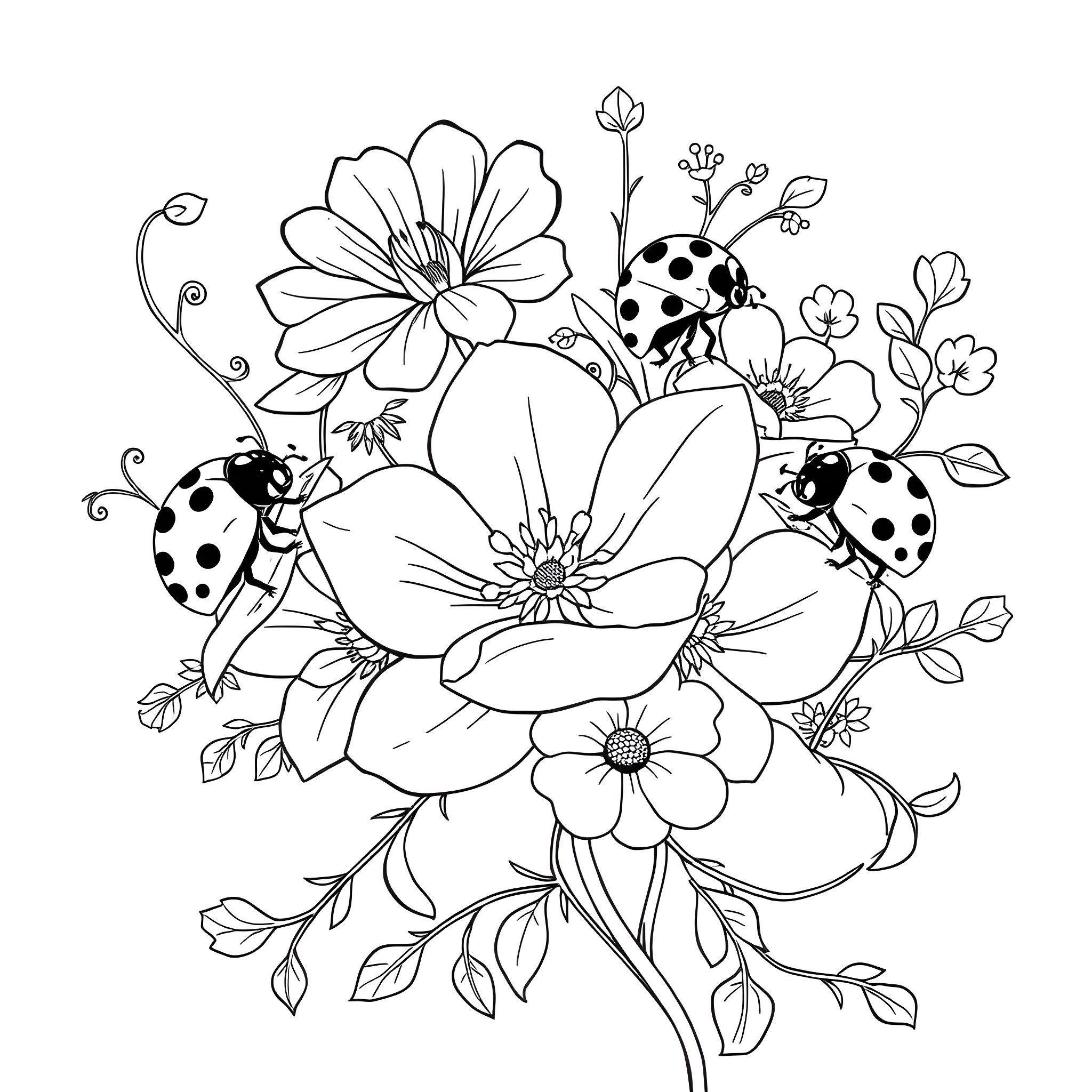 Ladybug playing among flowers Coloring Page (free black-and-white line drawing printable PDF for all, from beginners to advanced learners, including children, teens, adults, and seniors)