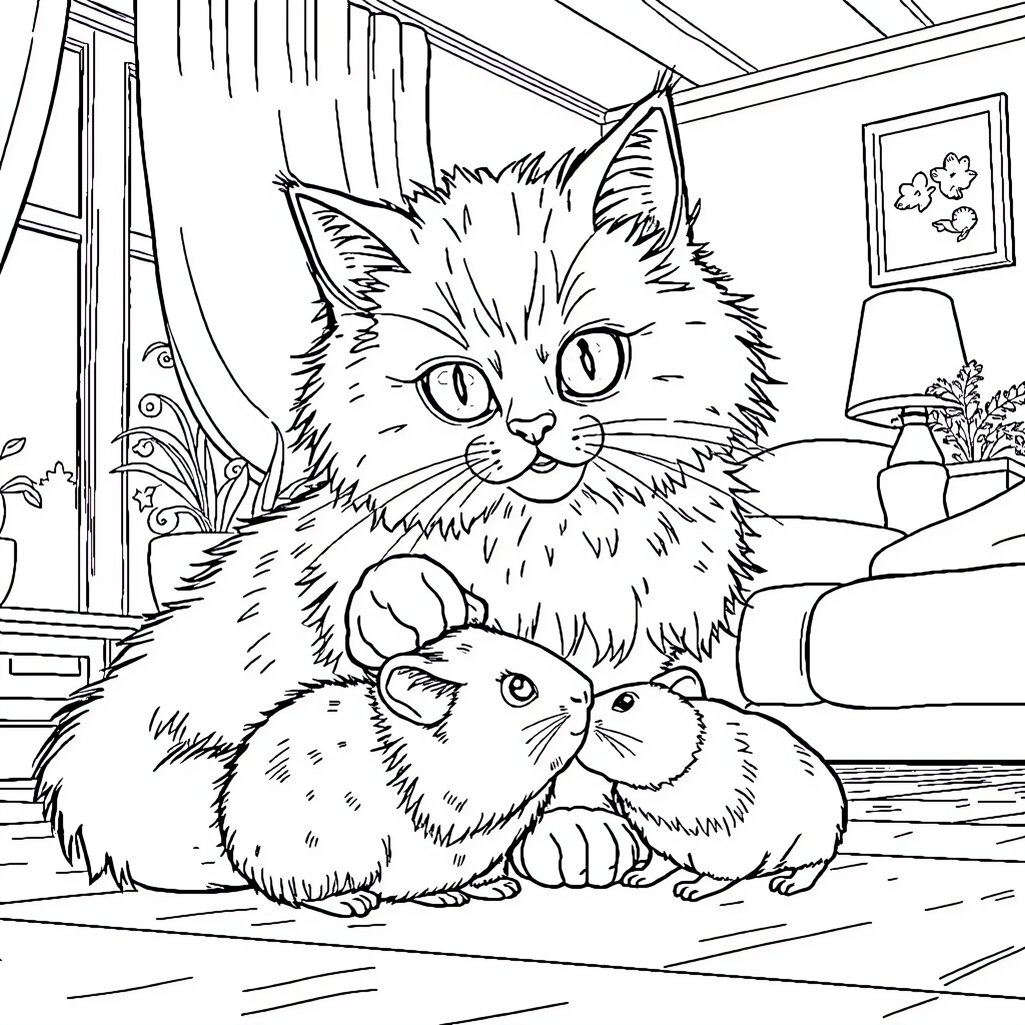 Cat friends relaxing in cozy indoor setting Coloring Page (free black-and-white line drawing printable PDF for all, from beginners to advanced learners, including children, teens, adults, and seniors)