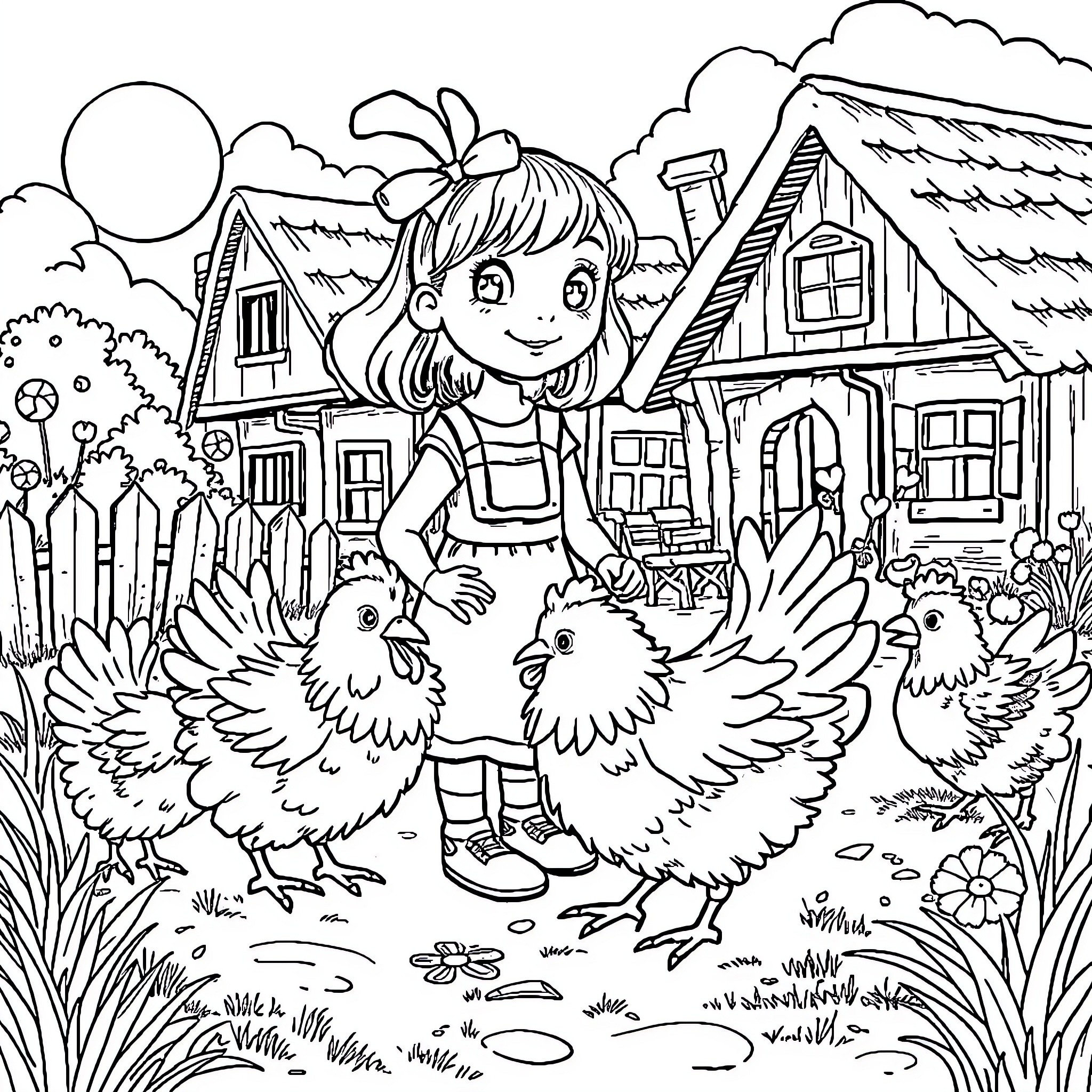Schtroumphette interacting with friendly chickens on a farm Coloring Page (free black-and-white line drawing printable PDF for all, from beginners to advanced learners, including children, teens, adults, and seniors)
