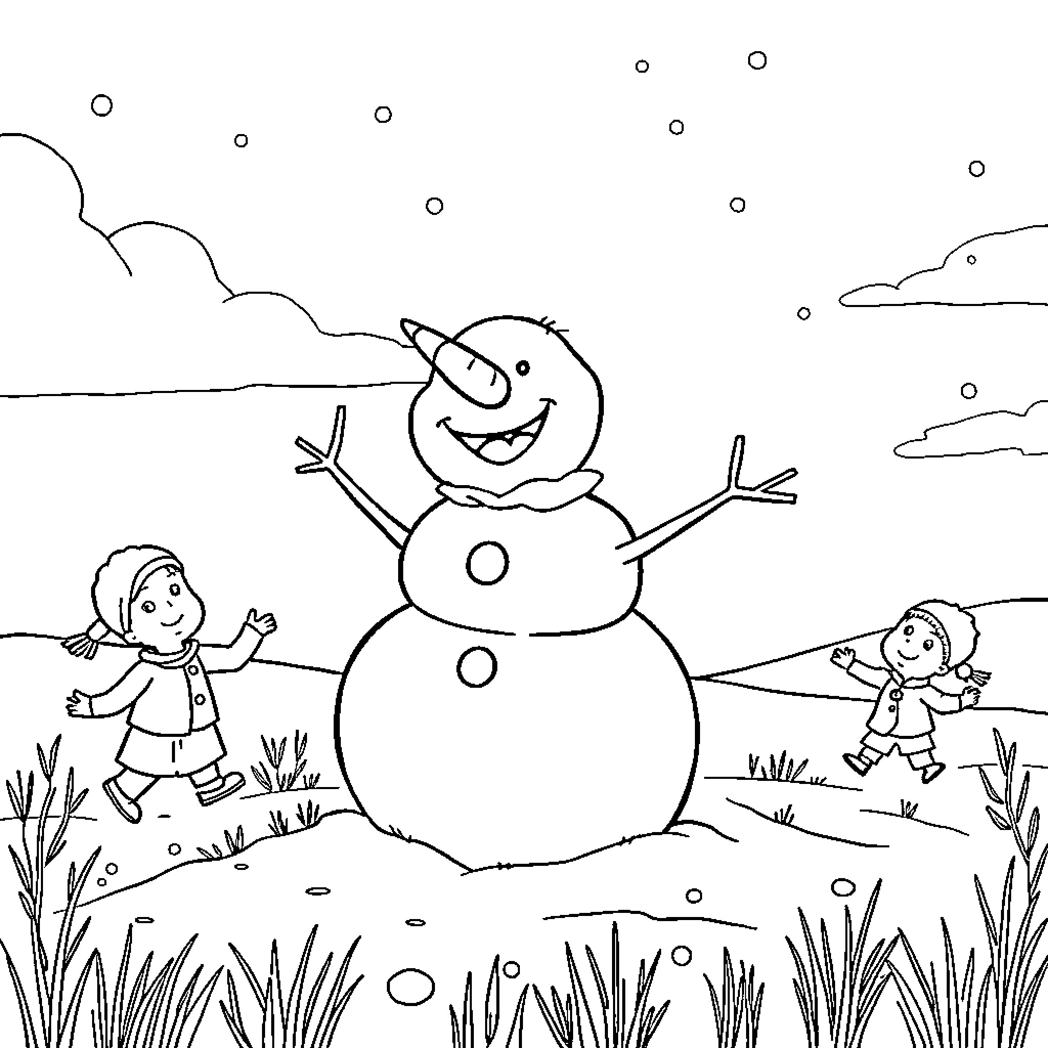 Snowman greeting two happy children in winter Coloring Page (free black-and-white line drawing printable PDF for all, from beginners to advanced learners, including children, teens, adults, and seniors)