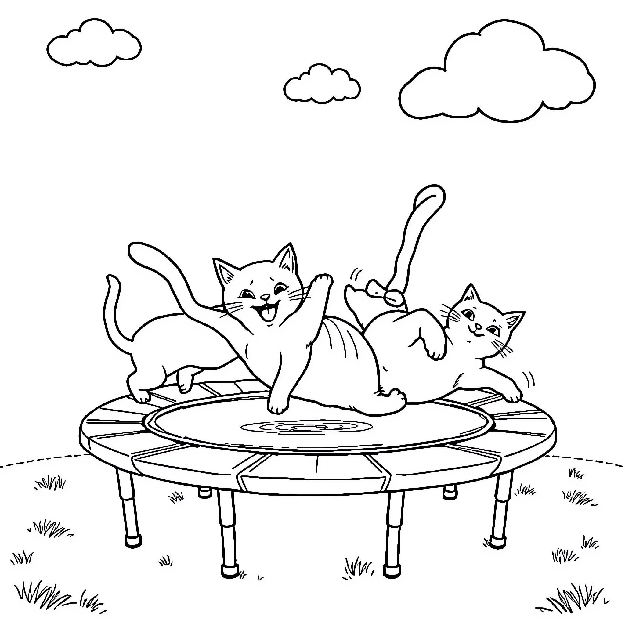 Cats playing happily on a trampoline Coloring Page (free black-and-white line drawing printable PDF for all, from beginners to advanced learners, including children, teens, adults, and seniors)