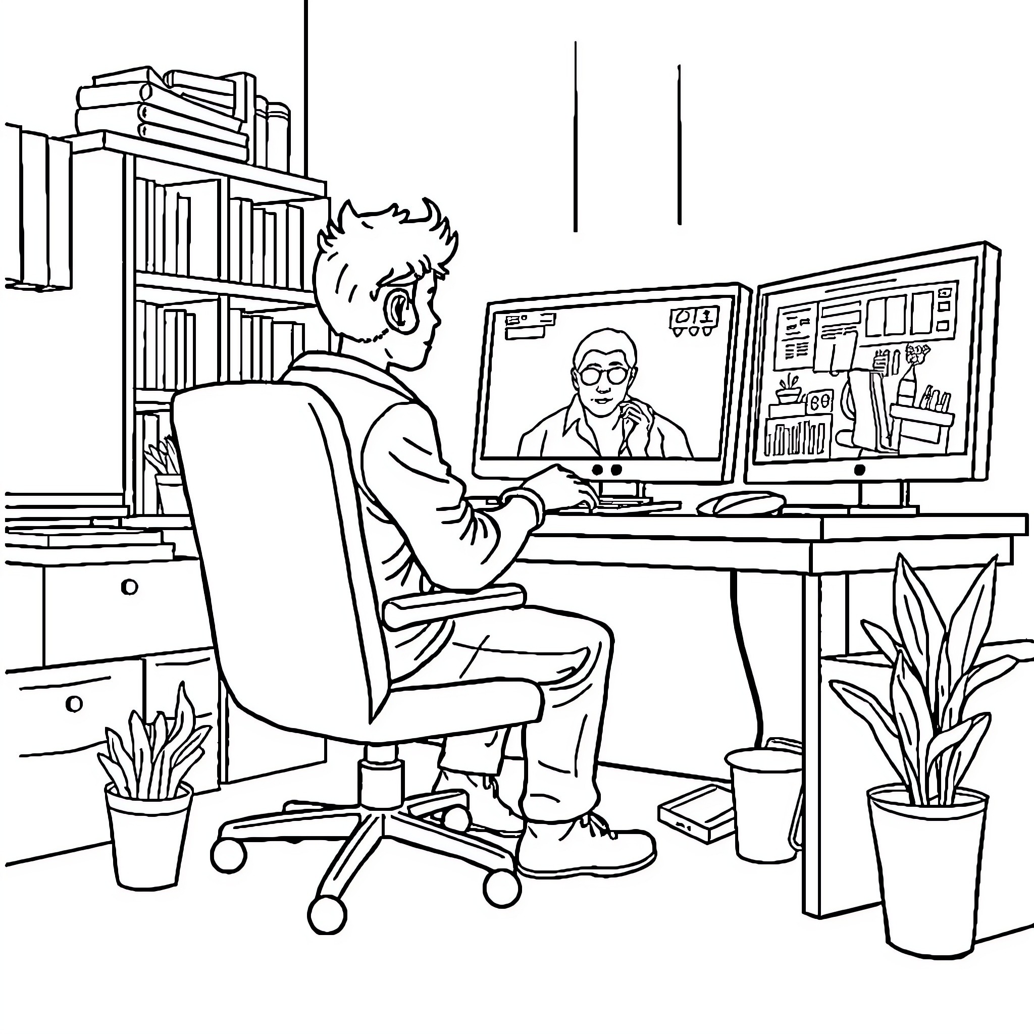 Student working diligently on computer in study area Coloring Page (free black-and-white line drawing printable PDF for all, from beginners to advanced learners, including children, teens, adults, and seniors)