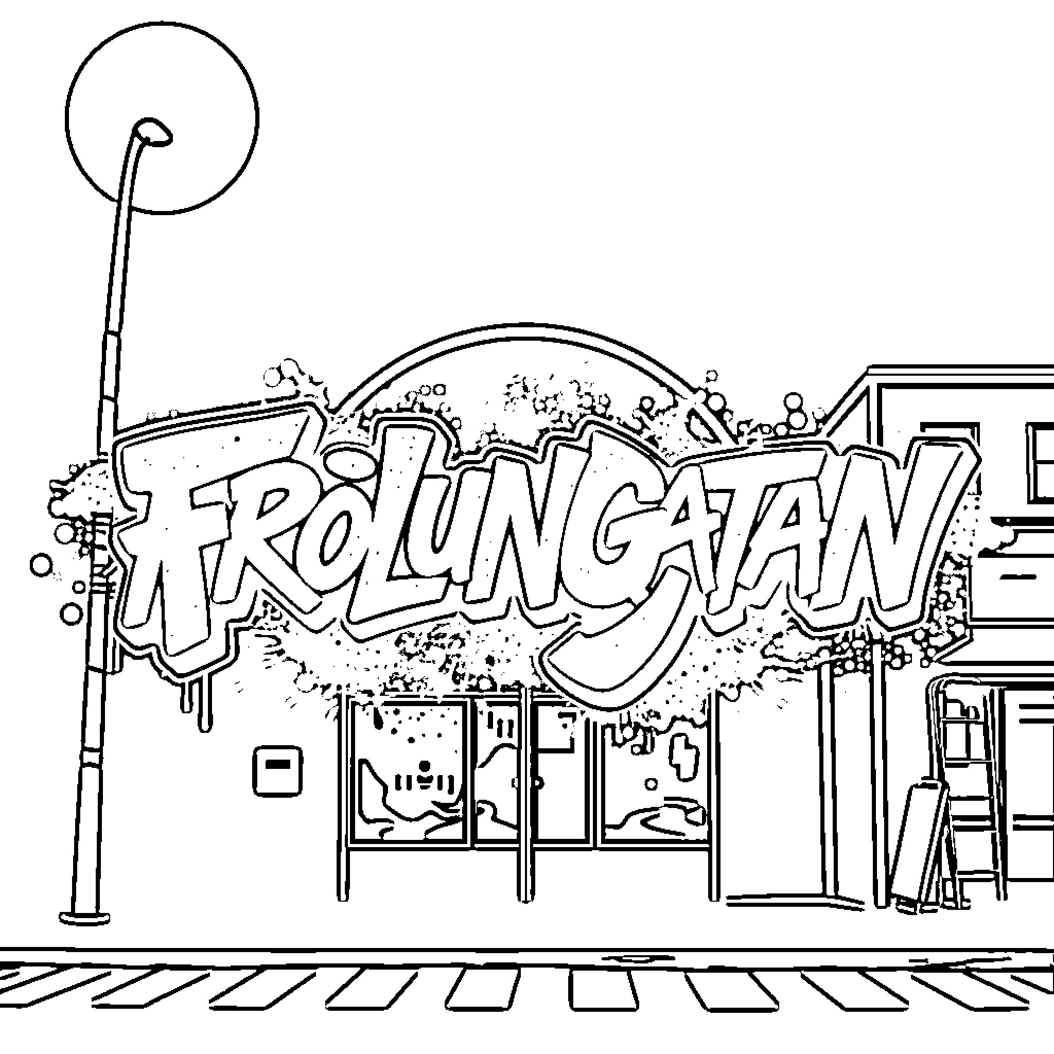 Logo depicting a Prolungatan street scene Coloring Page (free black-and-white line drawing printable PDF for all, from beginners to advanced learners, including children, teens, adults, and seniors)