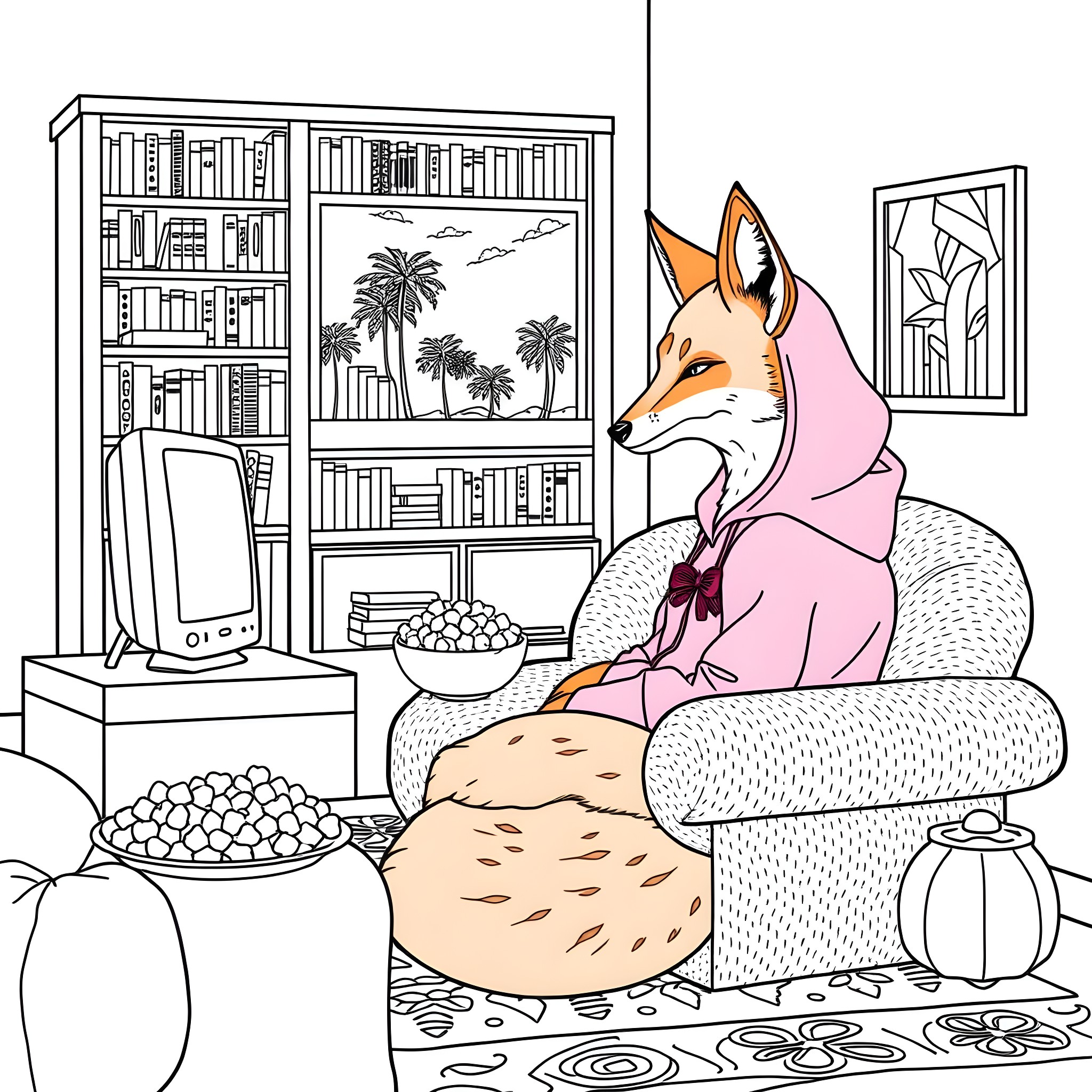 Fox lounging comfortably in cozy indoor setting Coloring Page (free black-and-white line drawing printable PDF for all, from beginners to advanced learners, including children, teens, adults, and seniors)