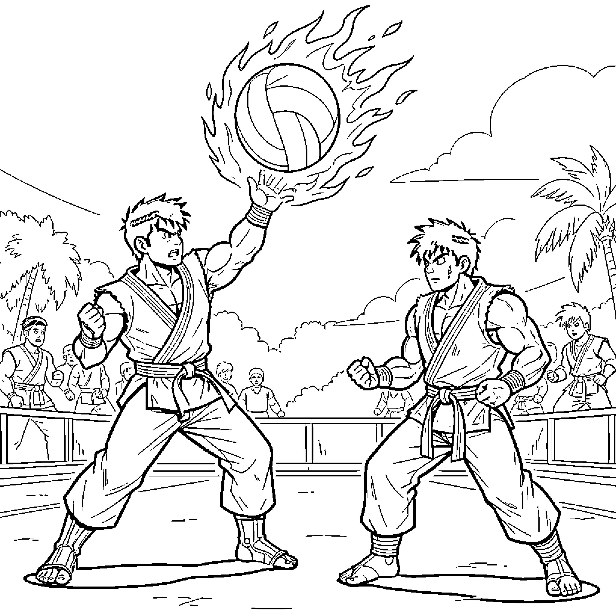Ken's Fiery Martial Arts Battle in the Coliseum Coloring Page (free black-and-white line drawing printable PDF for all, from beginners to advanced learners, including children, teens, adults, and seniors)