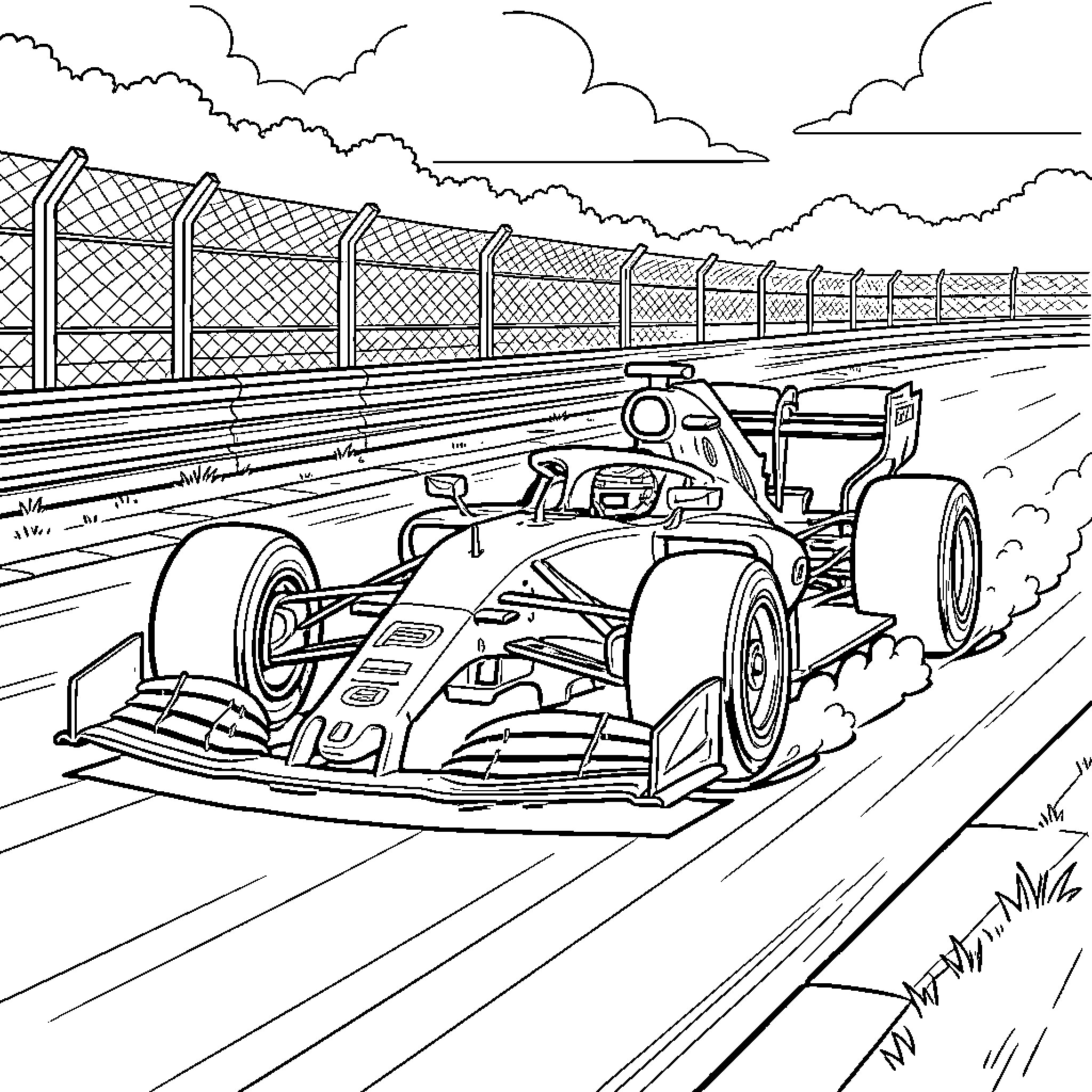 F1 Car racing fast on a track Coloring Page (free black-and-white line drawing printable PDF for all, from beginners to advanced learners, including children, teens, adults, and seniors)