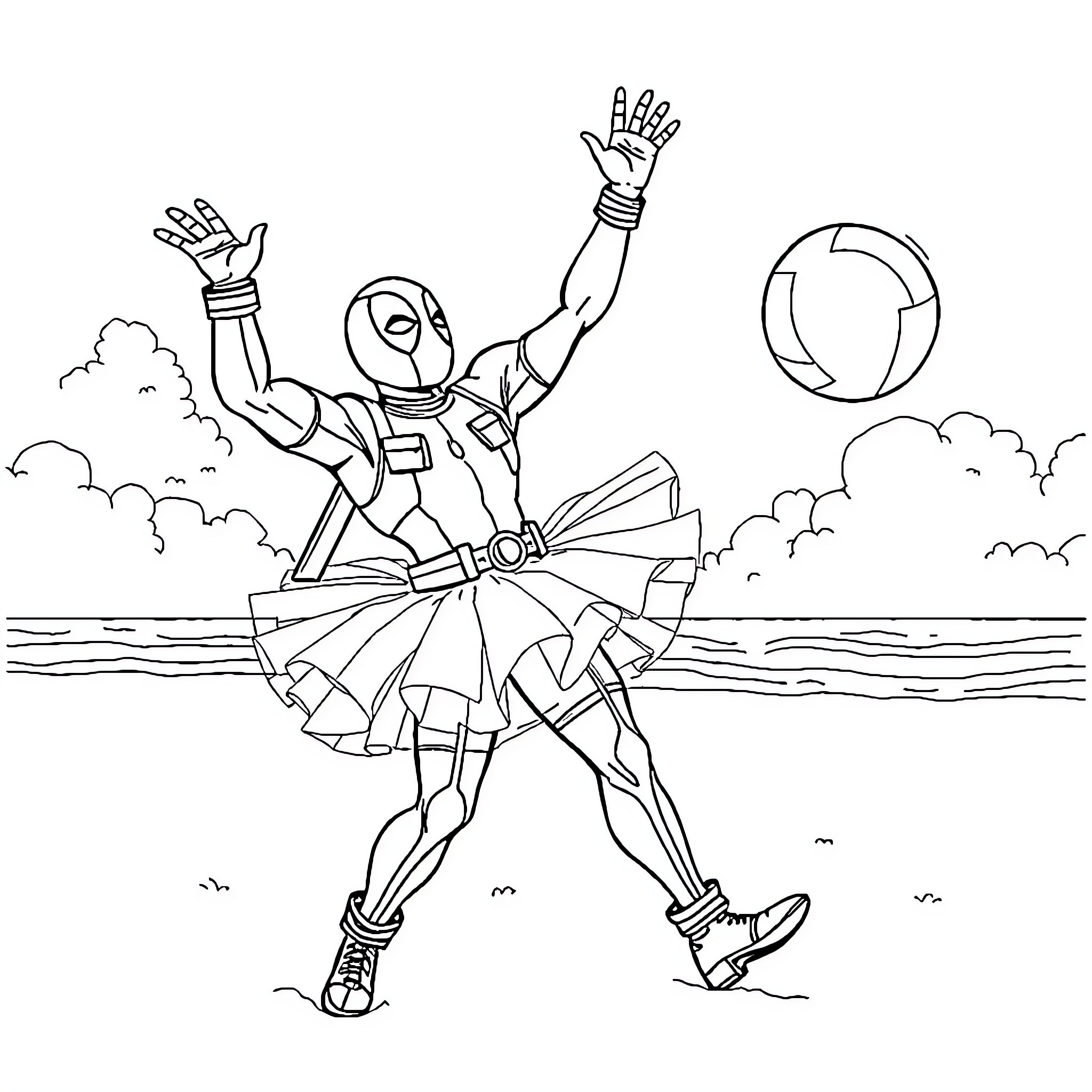 Deadpool in action-packed adventure with jetpack Coloring Page (free black-and-white line drawing printable PDF for all, from beginners to advanced learners, including children, teens, adults, and seniors)