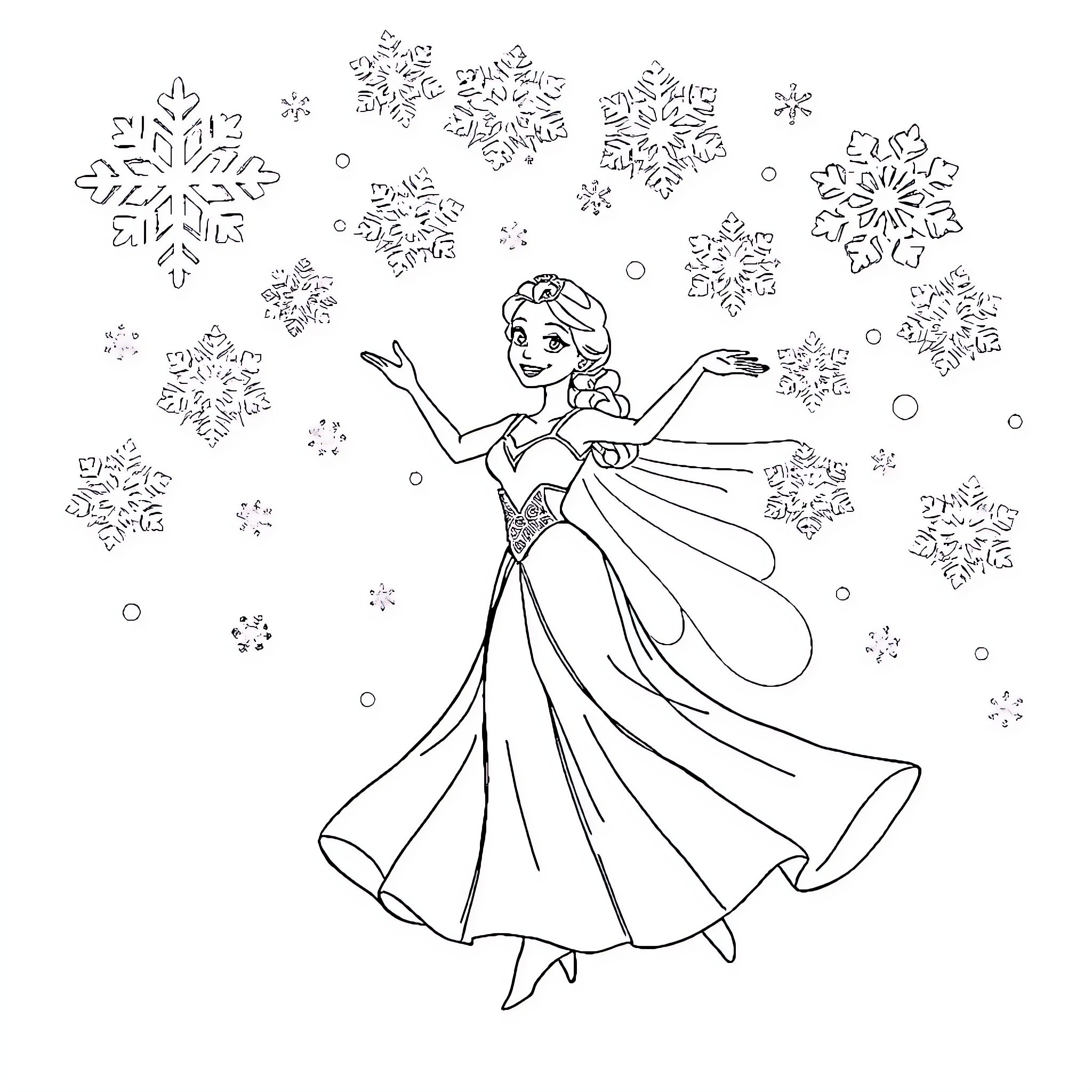 Princess Dancing Amidst Snowflakes Coloring Page (free black-and-white line drawing printable PDF for all, from beginners to advanced learners, including children, teens, adults, and seniors)